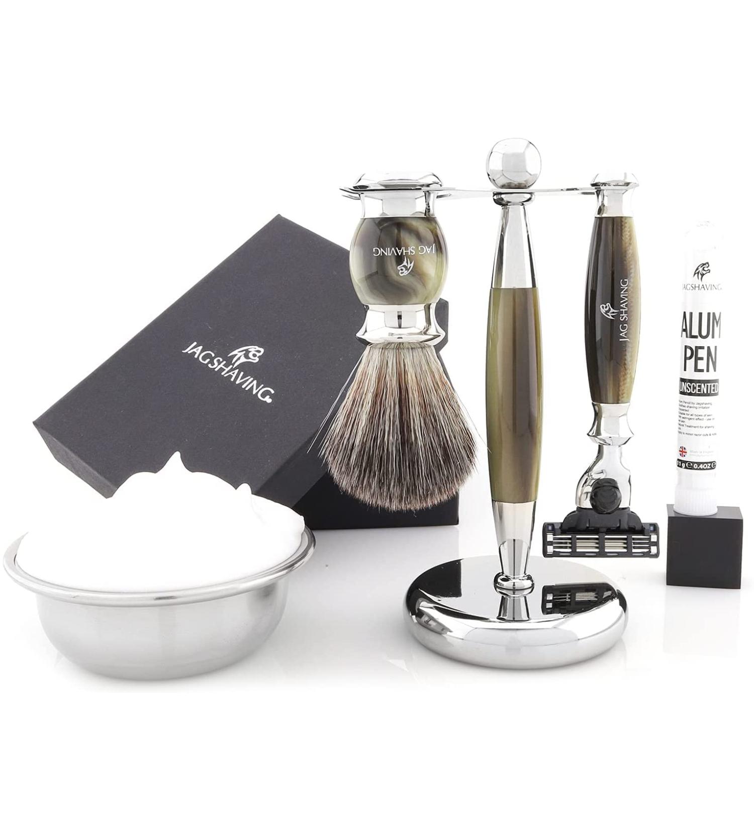 JAG RASIERSEST 3-Part Razor Set - Lee Series with Kunsthaar Brush & 3-Blade Safety Razor - Green Art Horn | International Shipping - Buy Online on GoSupps.com