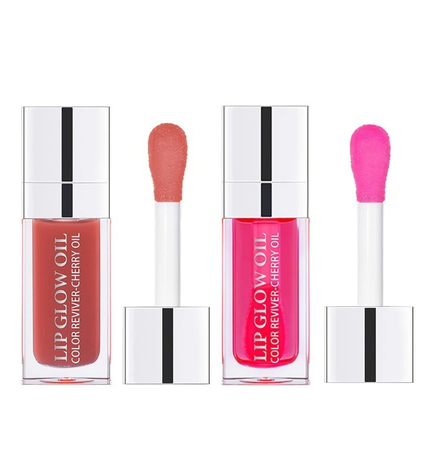Hydrating Lip Oil Set - Plumping Gloss & Nourishing Mask - Non-Sticky Tinted Lip Care with Big Brush Head - Rosewood & Cherry Shades - Buy Online on GoSupps.com