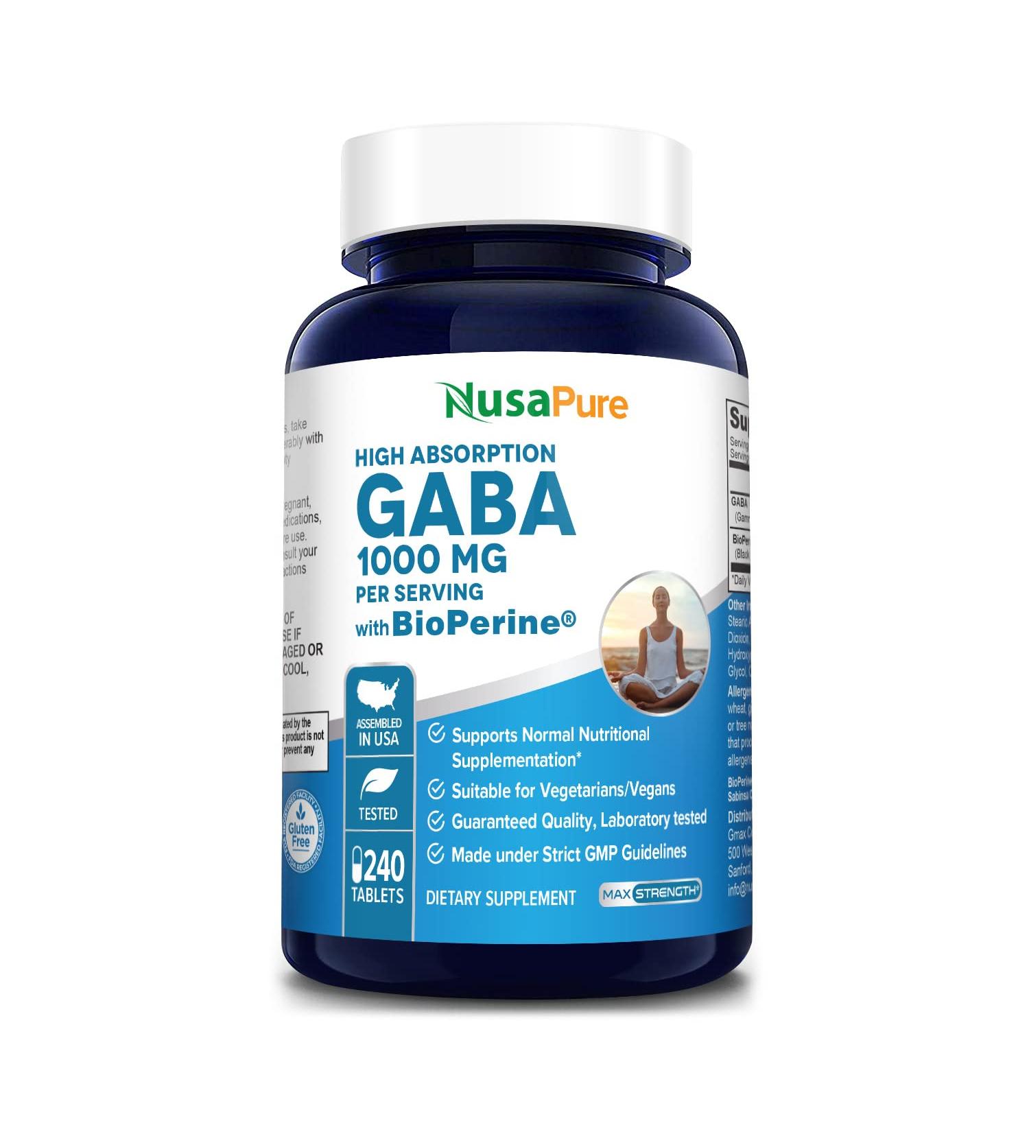 NusaPure GABA 1000mg 240 Tablets with Bioperine - Vegan, Non-GMO & Gluten-Free - Buy Online on GoSupps.com