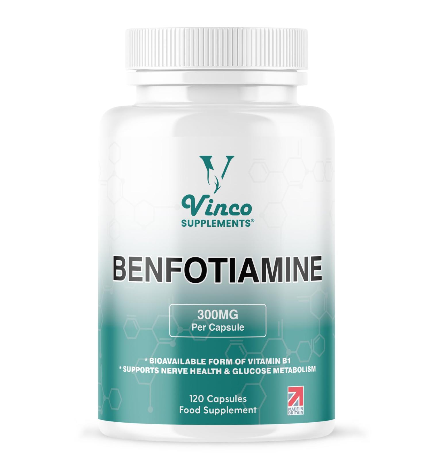 Vinco Benfotiamine 300mg - Vitamin B1 Thiamine High Strength for Heart & Kidney Support 120 Vegan Capsules Enhanced Cognitive Function Energy & Antioxidants Gluten & Allergen-Free - Made in UK - Buy Online on GoSupps.com
