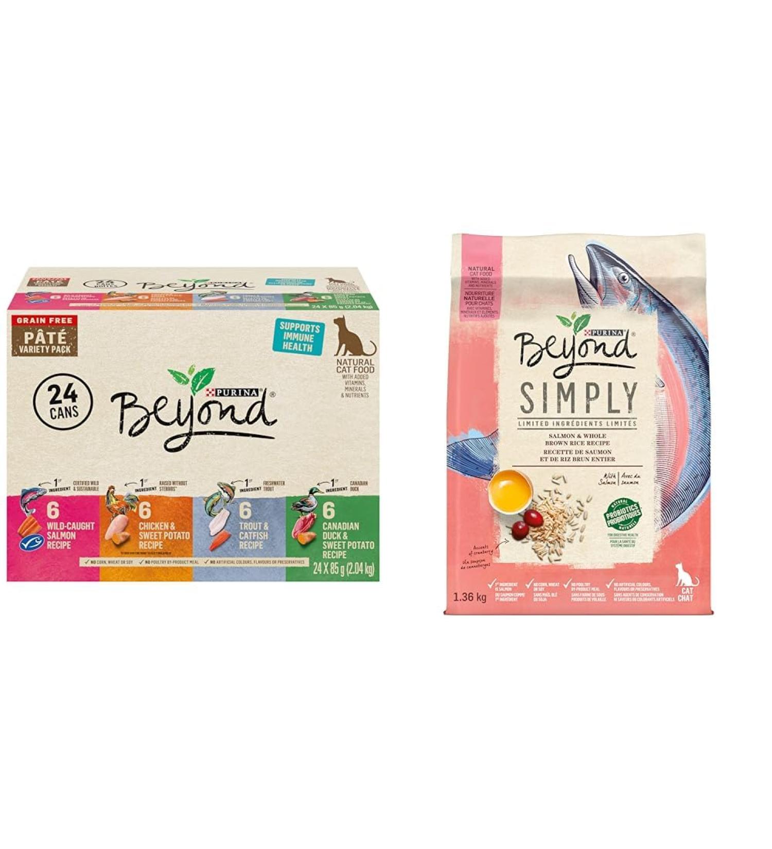 Beyond Grain Free Natural Wet Cat Food Pate Variety Pack 4 Flavours - 85 g Can (24 Pack) & Simply Natural Dry Cat Food Salmon & Whole Brown Rice - 1.36 kg Bag Wet Cat Food + Cat Food Salmon - Buy Online on GoSupps.com