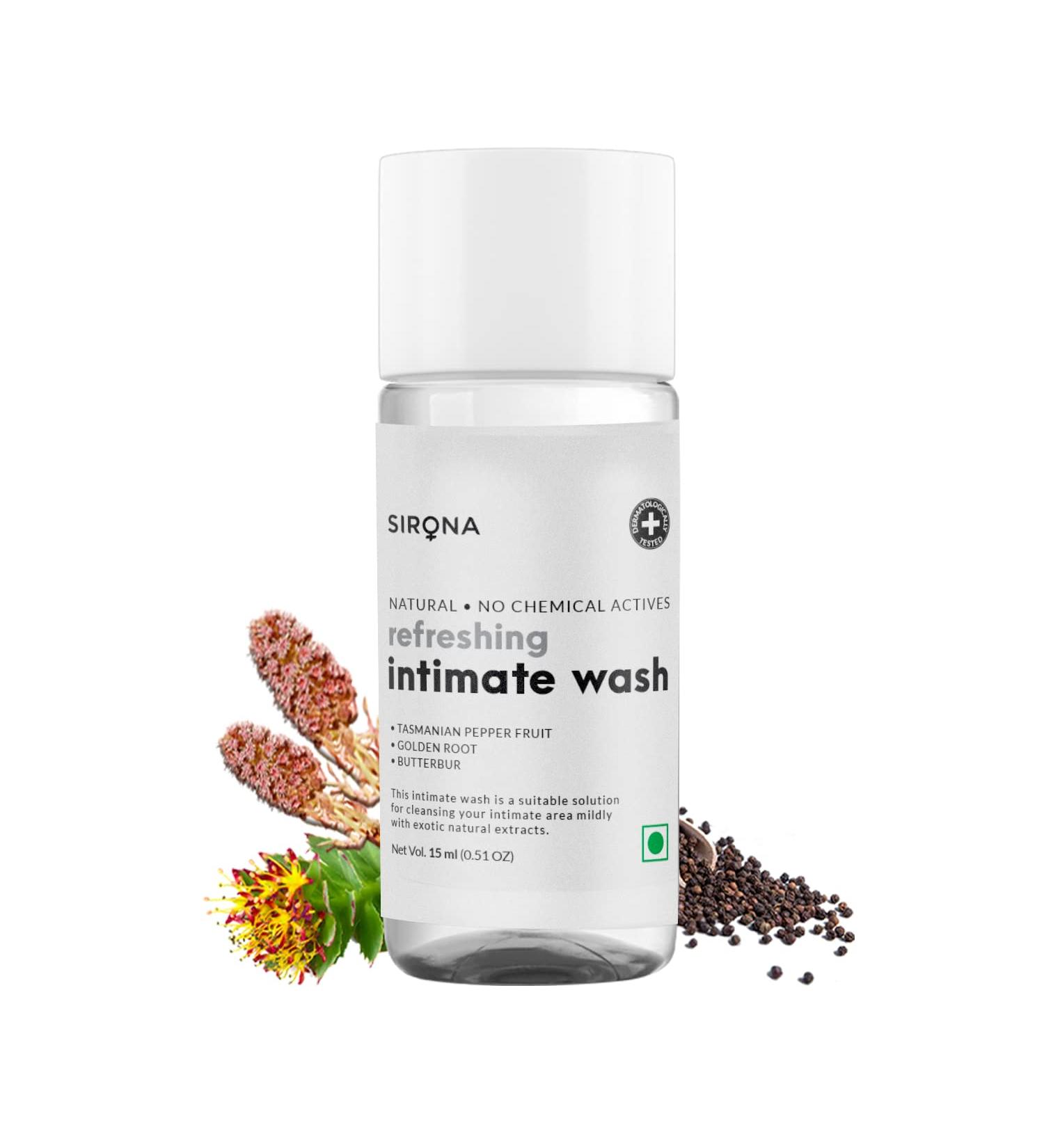 Sirona Natural Intimate Wash - 15ml | For Men and Women | Olive Oil, Tea Tree Oil, Jojoba Oil | Prevents Odour, Itching & Irritation - Buy Online on GoSupps.com