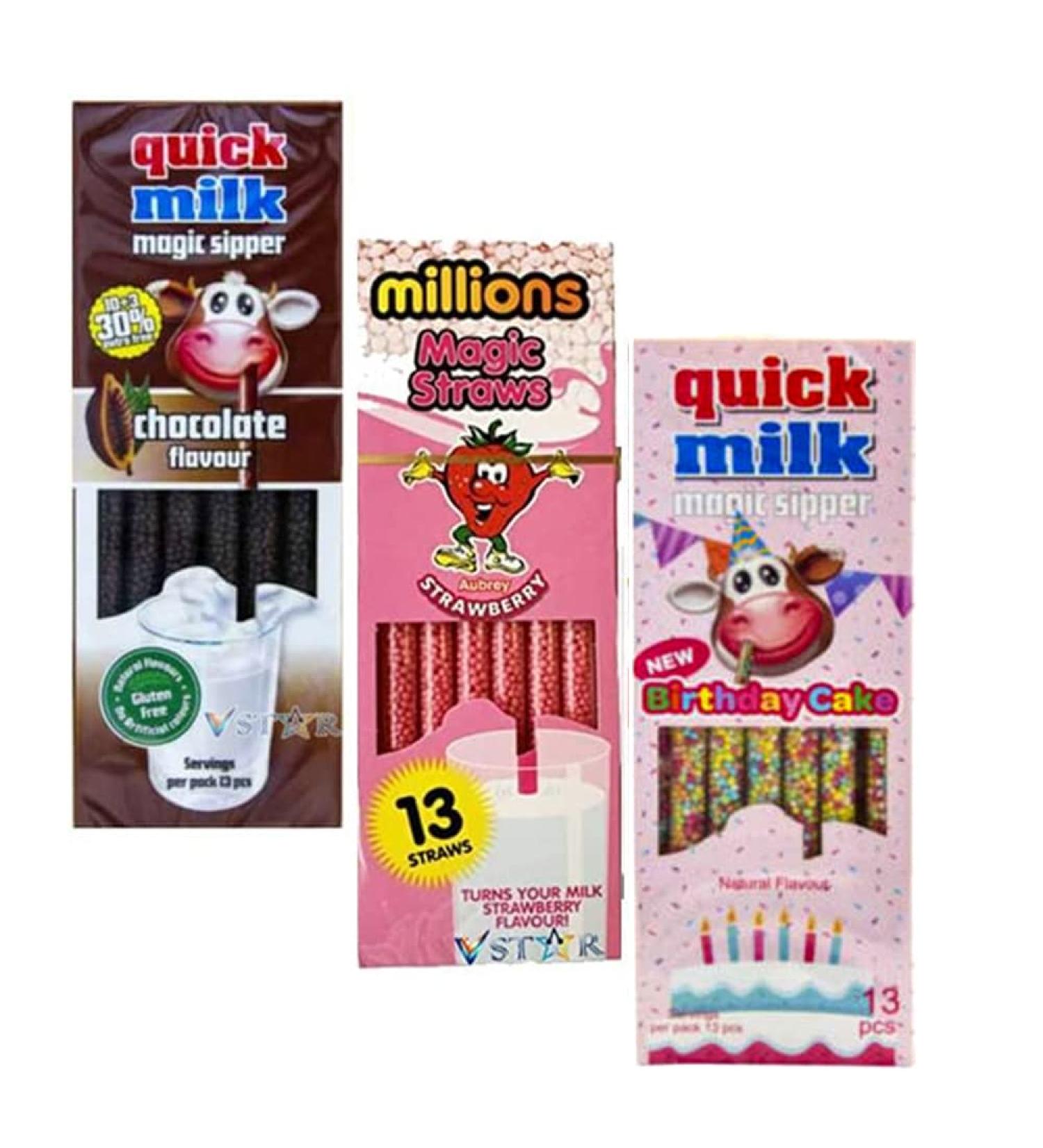 3 x Mixed Millions Strawberry Quick Milk Chocolate & Birthday Cake Magic Straws