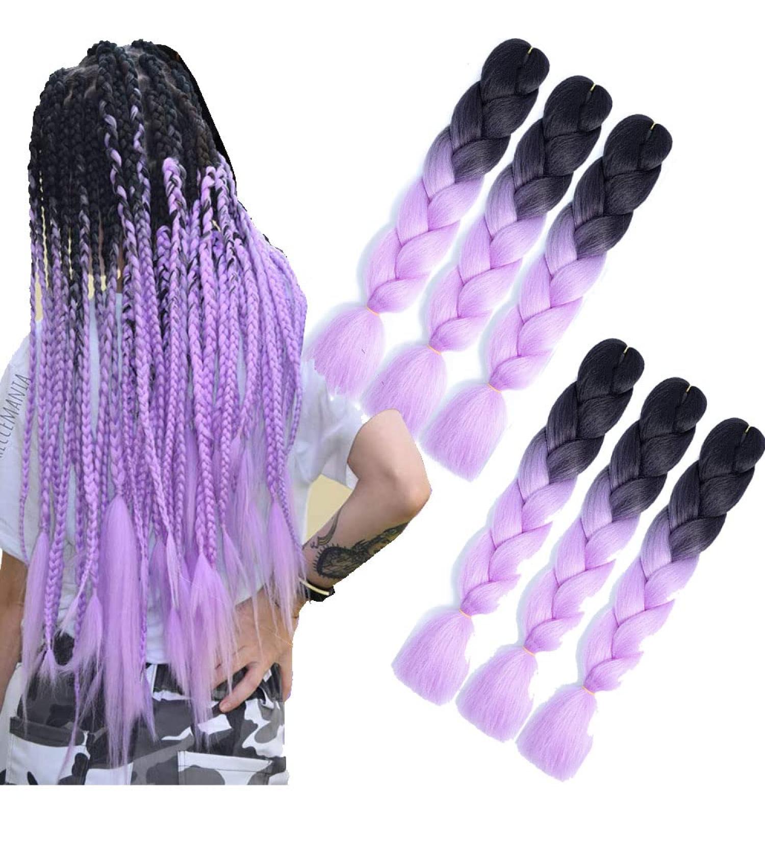 Buy Purple Kanekalon Braids Extensions | 24 Jumbo Box Braids Ombre Hair | 6-Pack Synthetic Hair for Crochet Braids (Black-Purple) - Buy Online on GoSupps.com