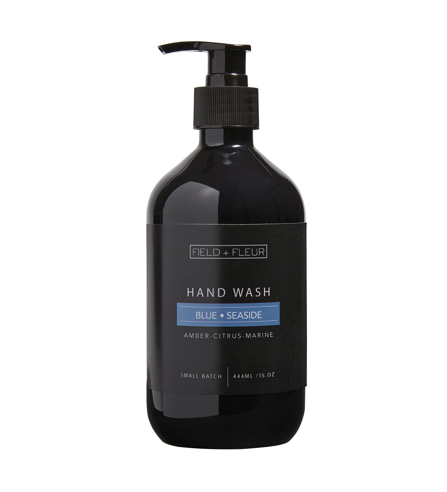 FIELD FLEUR Blue Seaside 15oz Hand Wash. Aromatic & Nourishing Hand Soap. Natural Aromatherapy Essential Oils. Citrus marine accords & coconut. Florals & amber musk & sandalwood. Made in the USA