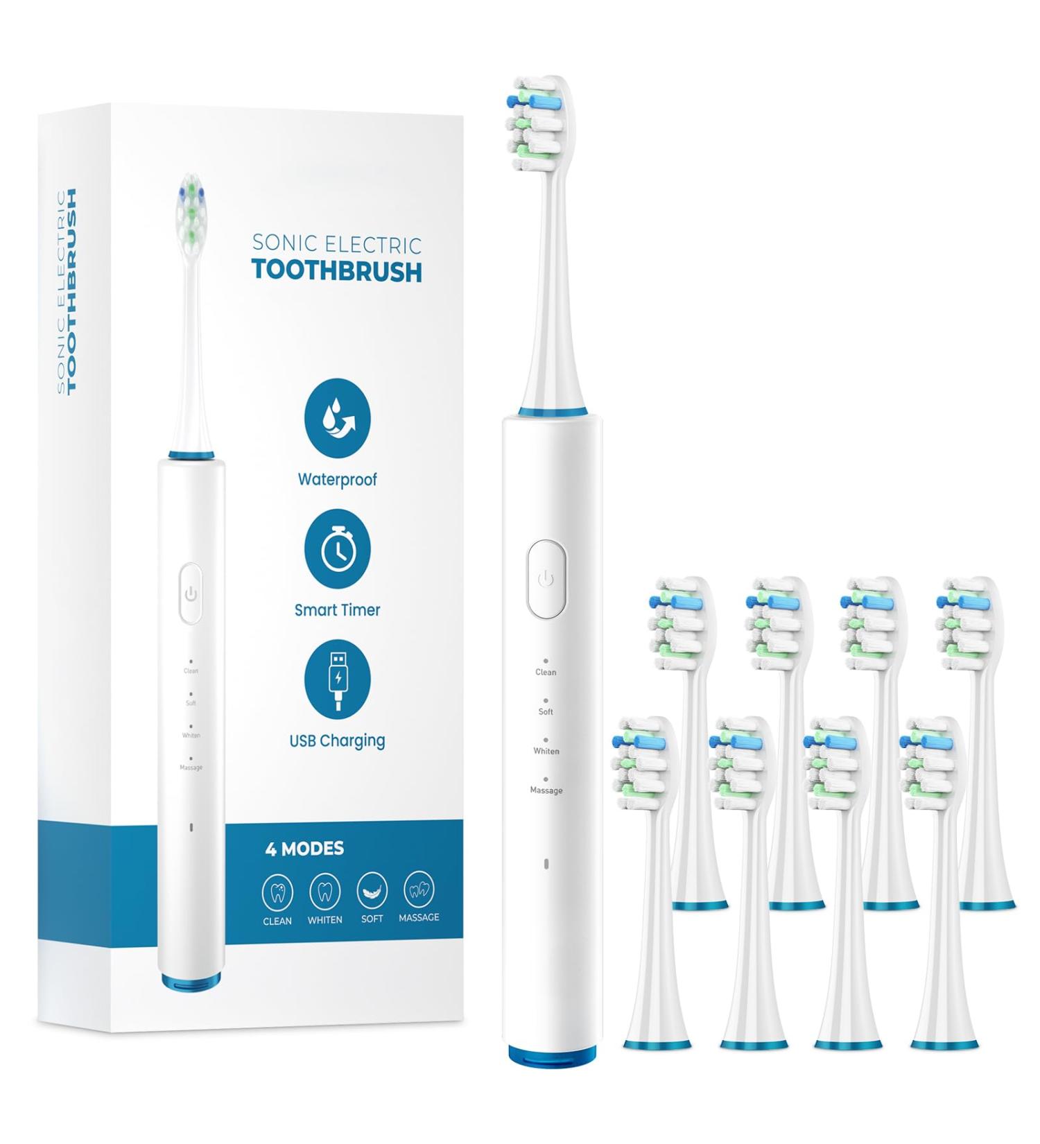 Rechargeable Electric Toothbrush for Adults - Travel Toothbrush with 8 Replacement Heads 5 Modes with 2 Minutes Build in Smart Timer Ultra Clean Portable Toothbrush One Charge for 60 Days (White)