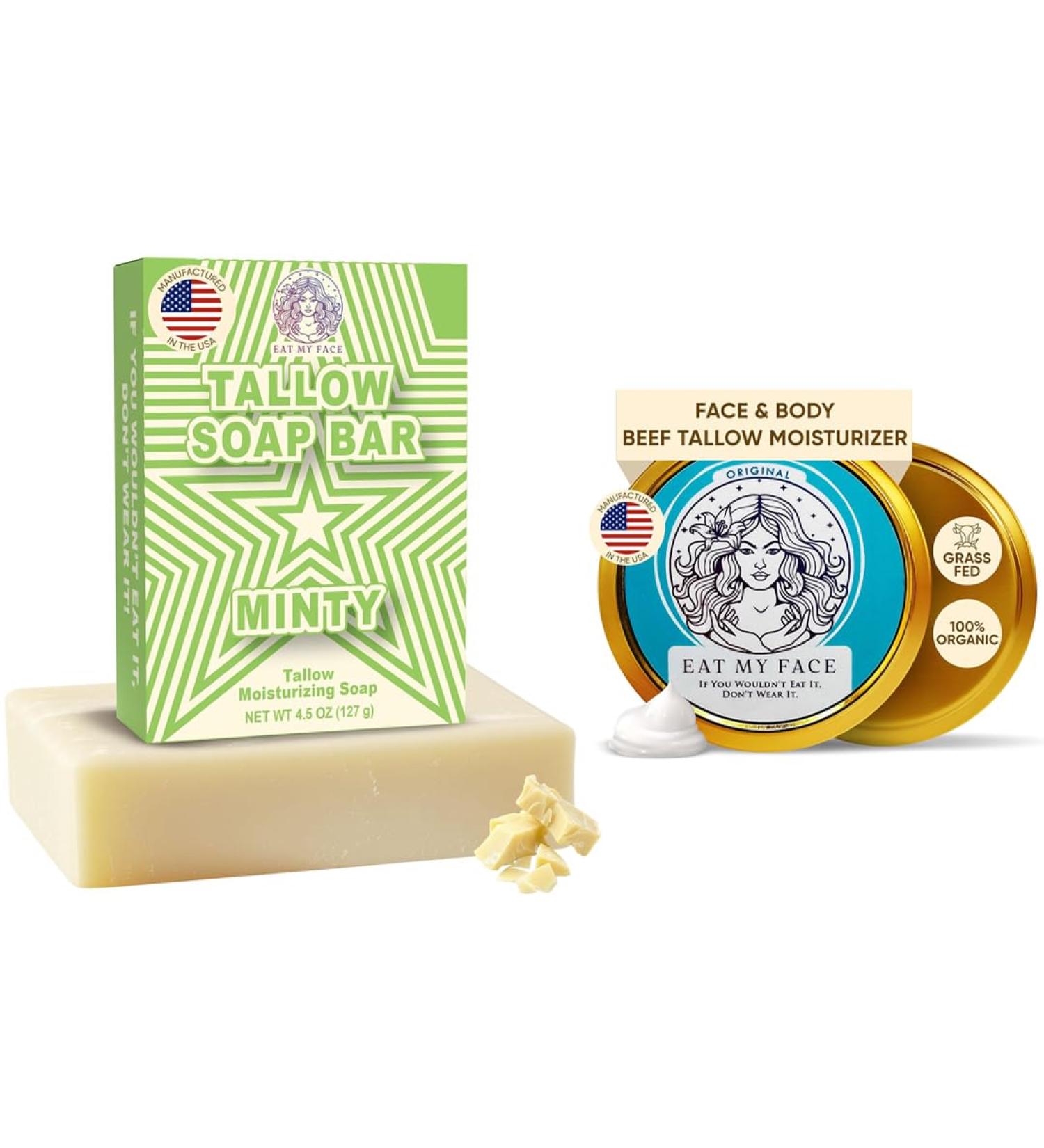 Eat My Face Tallow Face Moisturizer & Grass Fed Mint Soap Bar Set Organic Beef Tallow Skincare for Face & Body Natural Moisturizing & Nourishing Duo for Sensitive Skin 4oz Cream + Soap Bar - Buy Online on GoSupps.com