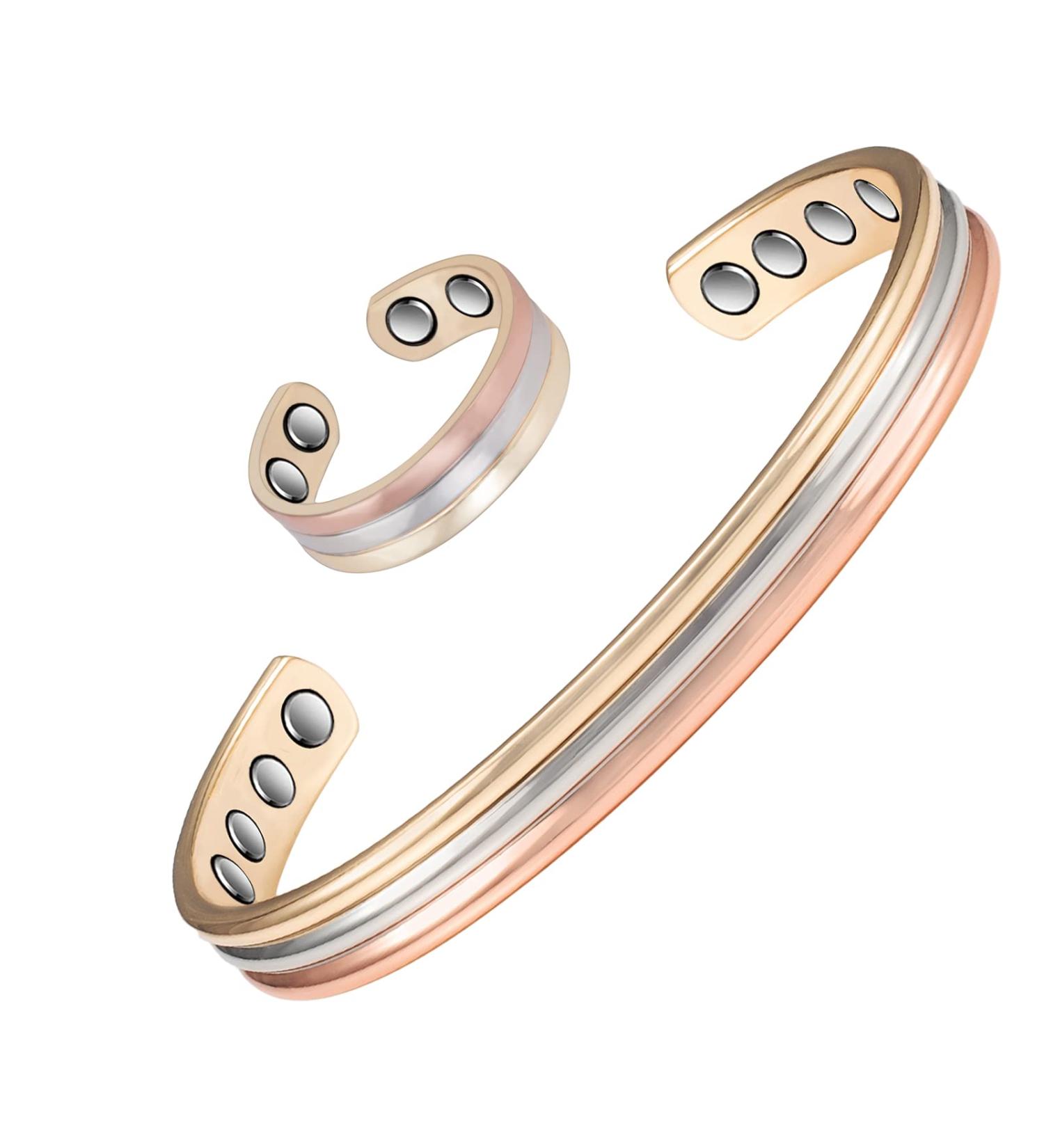 Tri Tone Gold Color Pure Copper Bracelet & Rings Set | Magnetic Copper Jewelry for Women - Buy Online on GoSupps.com