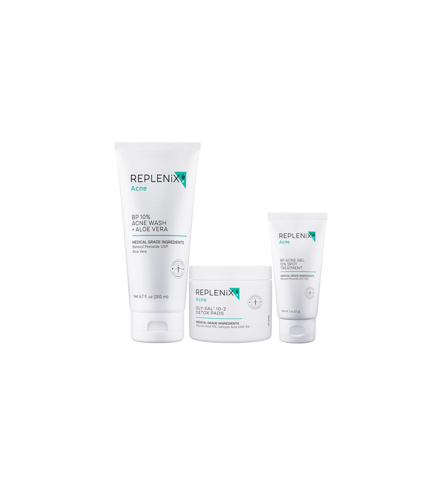 Replenix Acne Treatment Skin Care Regimen Medical-Grade Set Includes Glycolic Acid Resurfacing Cleanser (6.7 fl. oz) Gly-Sal Clarifying Acne Pads (60 ct.) & Benzoyl Peroxide Acne Gel (2 oz) - Buy Online on GoSupps.com