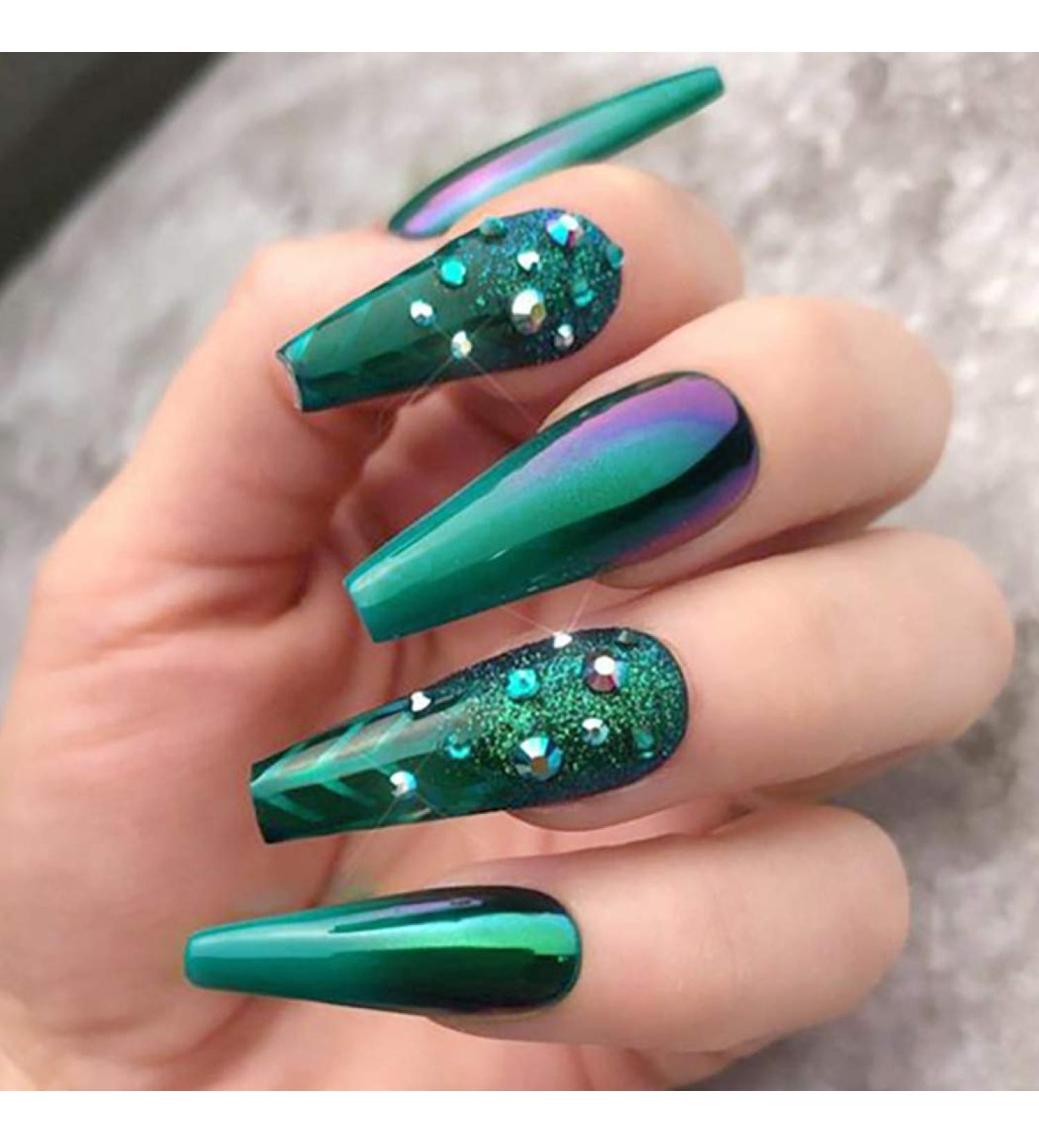 Brishow Green Ballerina Coffin False Nails - 20pcs Long Fake Nails for Women and Girls - Buy Online on GoSupps.com