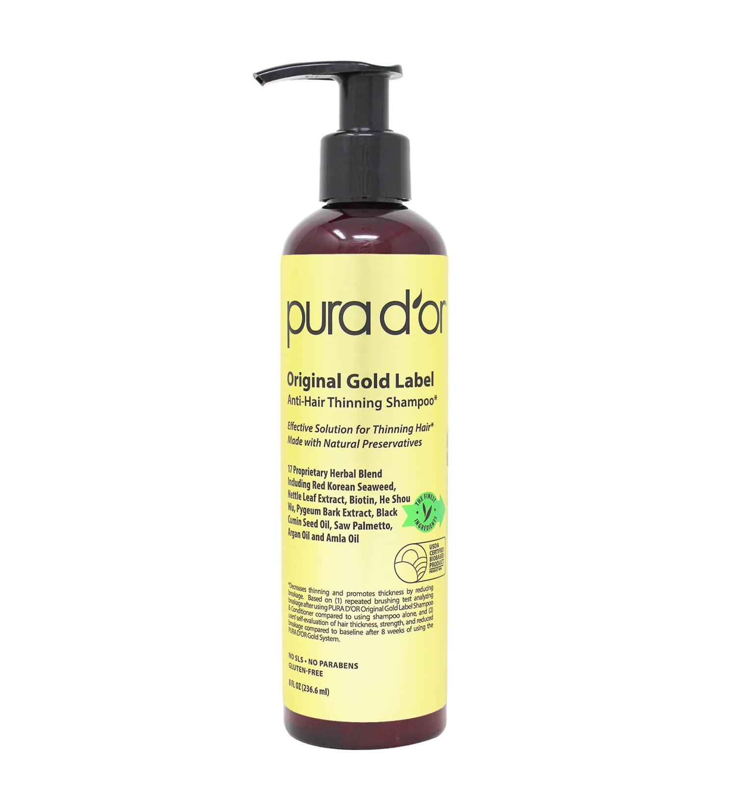 PURA D'OR Original Gold Label Anti-Thinning Biotin Shampoo 8 Fl Oz - Clinically Tested Hair Thickening Solution for Women & Men - Herbal DHT Blocker, Color Safe Formula - Buy Online on GoSupps.com