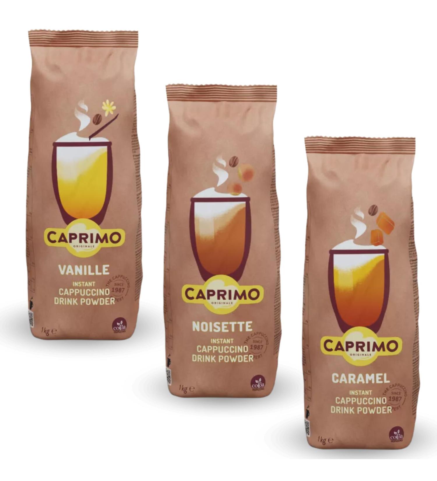 CAPRIMO | Gourmet Trio | Vanilla Hazelnut Caramel flavored cappuccinos | 3x1kg sachet of 1 kg of Instant Drink in soluble powder to vary the pleasures at breakfast and snack time - Buy Online on GoSupps.com
