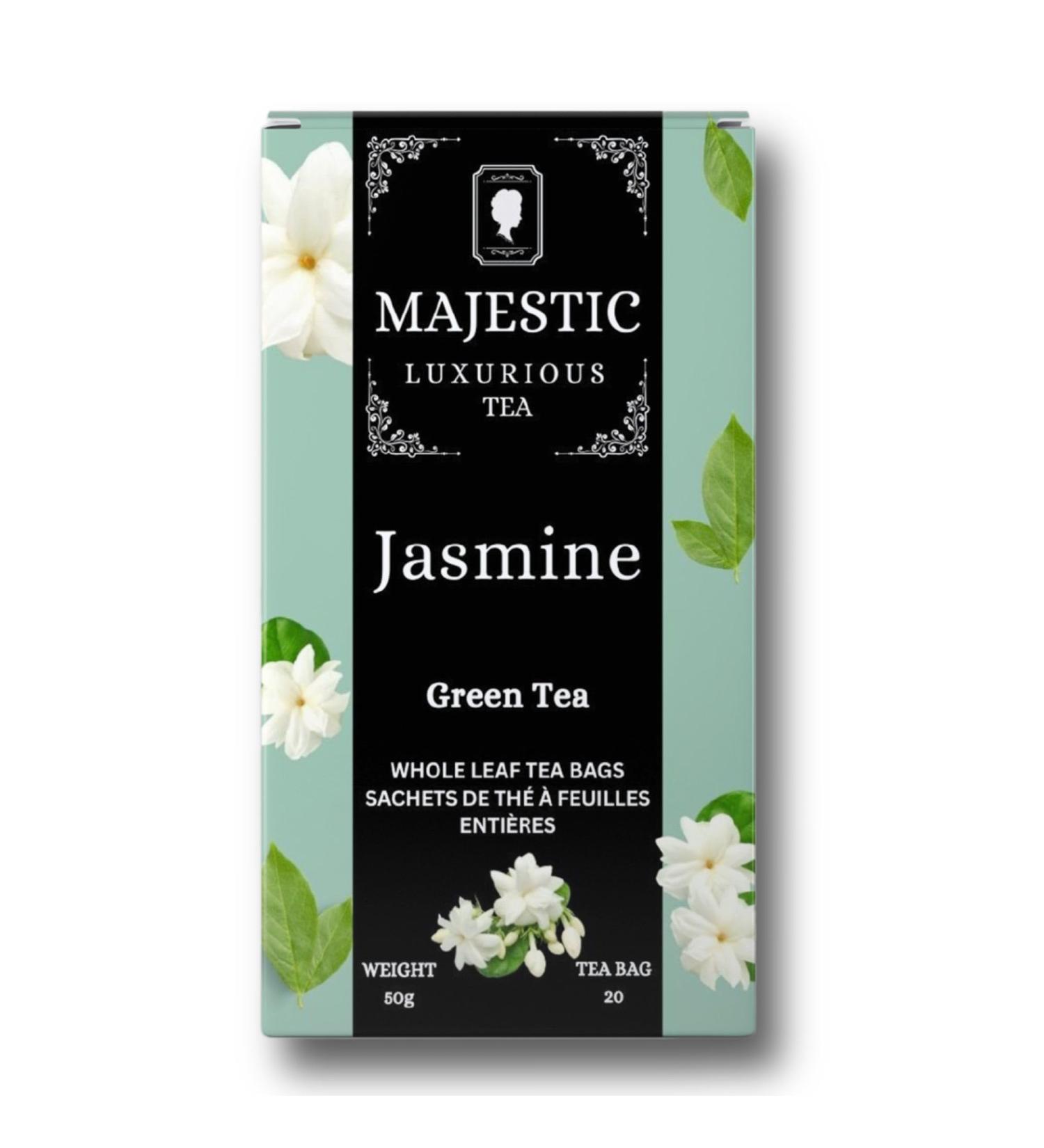 Majestic Tea_ JASMINE TEA | Green Tea | Tea | Individually Wrapped 20 Pyramid Tea Bags| Aromatic Jasmine | Real Jasmine Buds | Whole Leaf Tea Bags | Floral Taste. - Buy Online on GoSupps.com