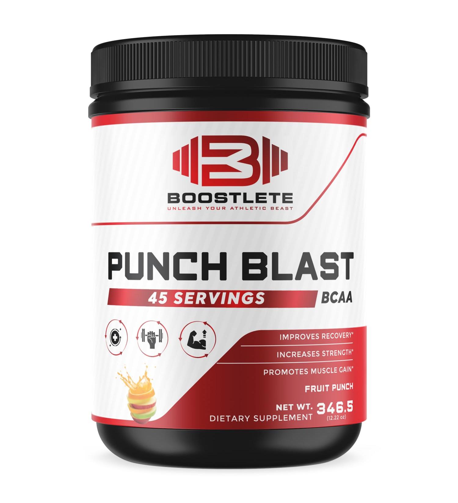 Boostlete Punch Blast BCAA Powder Fruit Punch Flavor Intra Workout Amino Acids with Glutamine & Vitamin B6 45 Servings Muscle Recovery & Strength Support Supplement - Buy Online on GoSupps.com