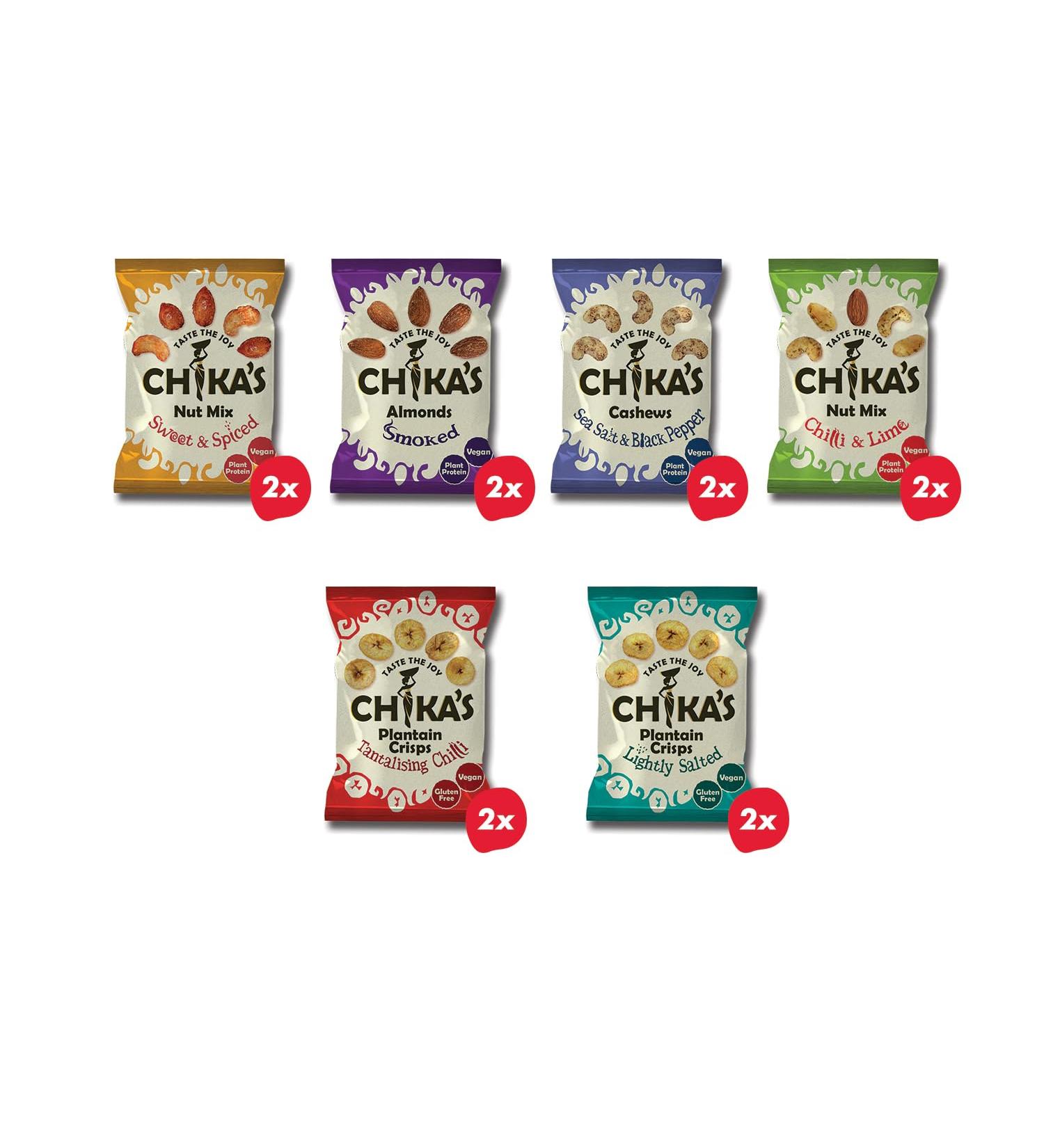 CHIKA'S - Nuts & Plantain Taster Box - 12 x 35g Bags - Smoked Almonds Nut Mix Cashews & Plantains - Buy Online on GoSupps.com