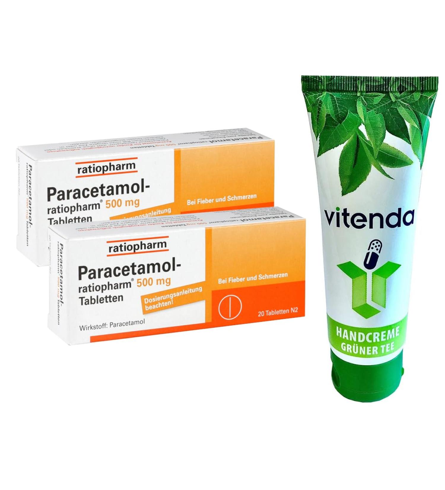 Paracetamol Ratiopharm 500 mg Tablets 2x20 | Pain & Fever Relief | Includes Vitend Hand Cream - Fast International Shipping - Buy Online on GoSupps.com