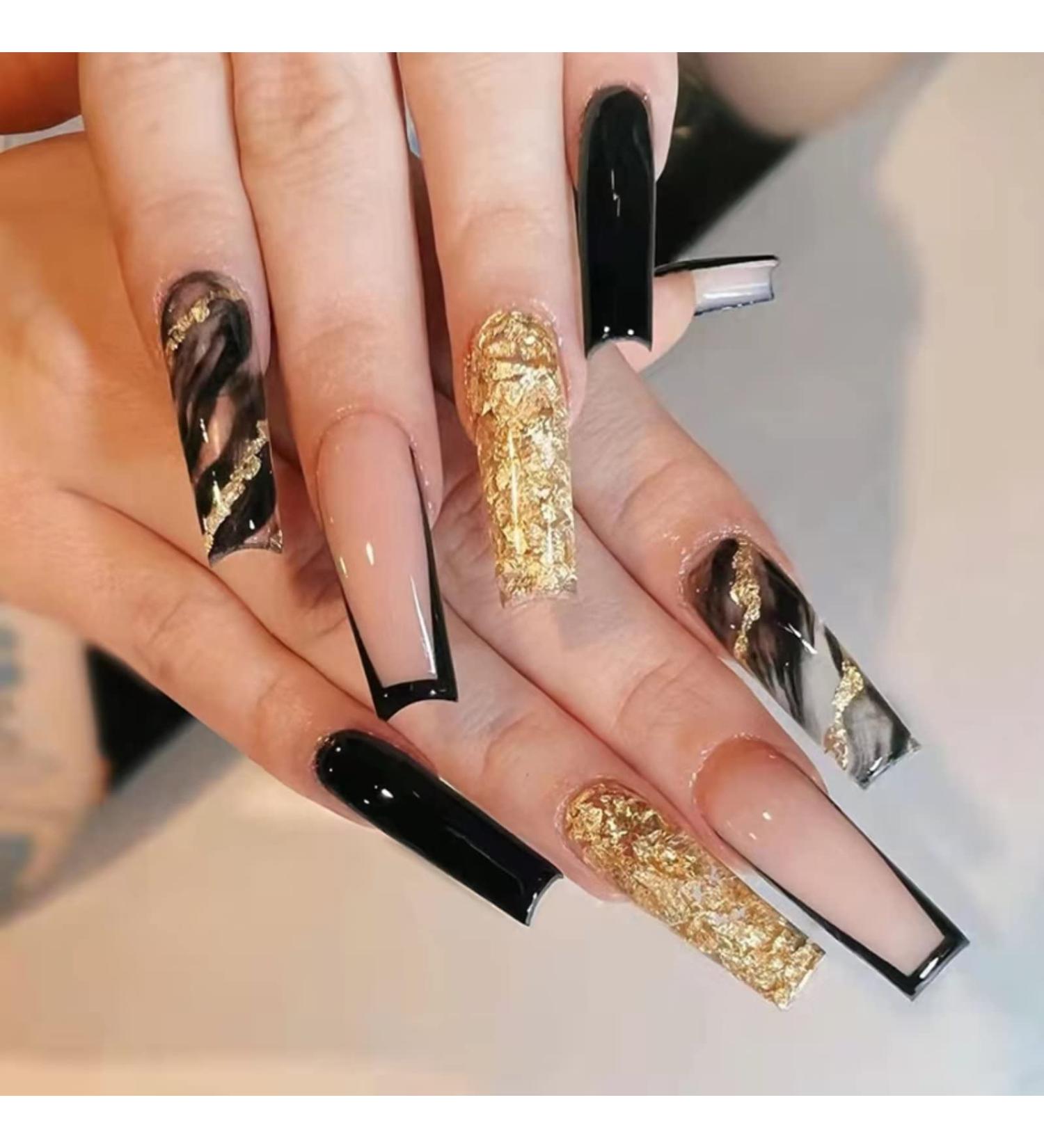 Black Marble French Tip Press On Nails Long with Gold Foil - 24Pcs - Buy Online on GoSupps.com