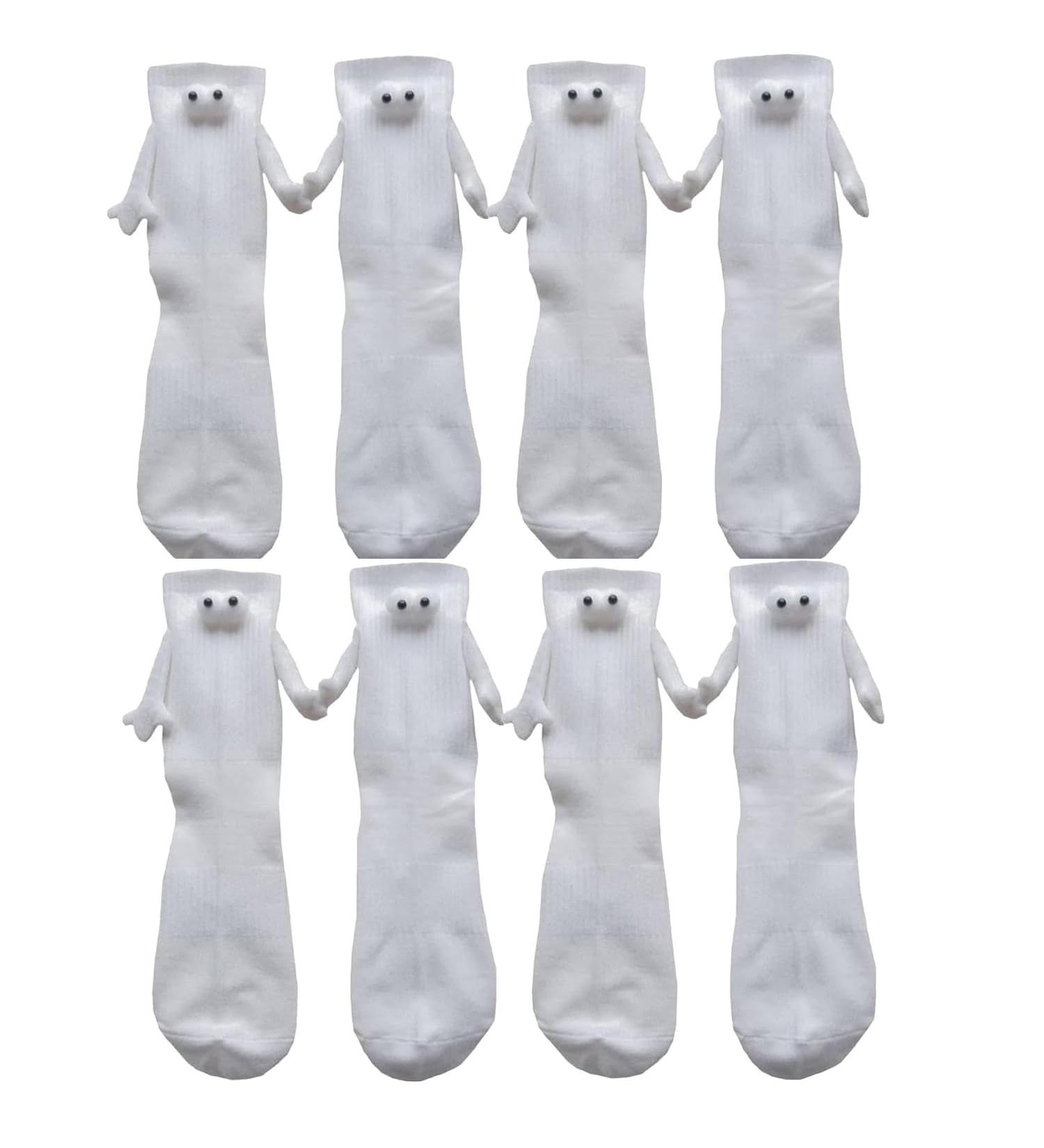 VANYCIG Couple Holding Hands Socks - 4 Pair White Mid-tube Socks with Magnetic Three-dimensional Doll - Buy Online on GoSupps.com