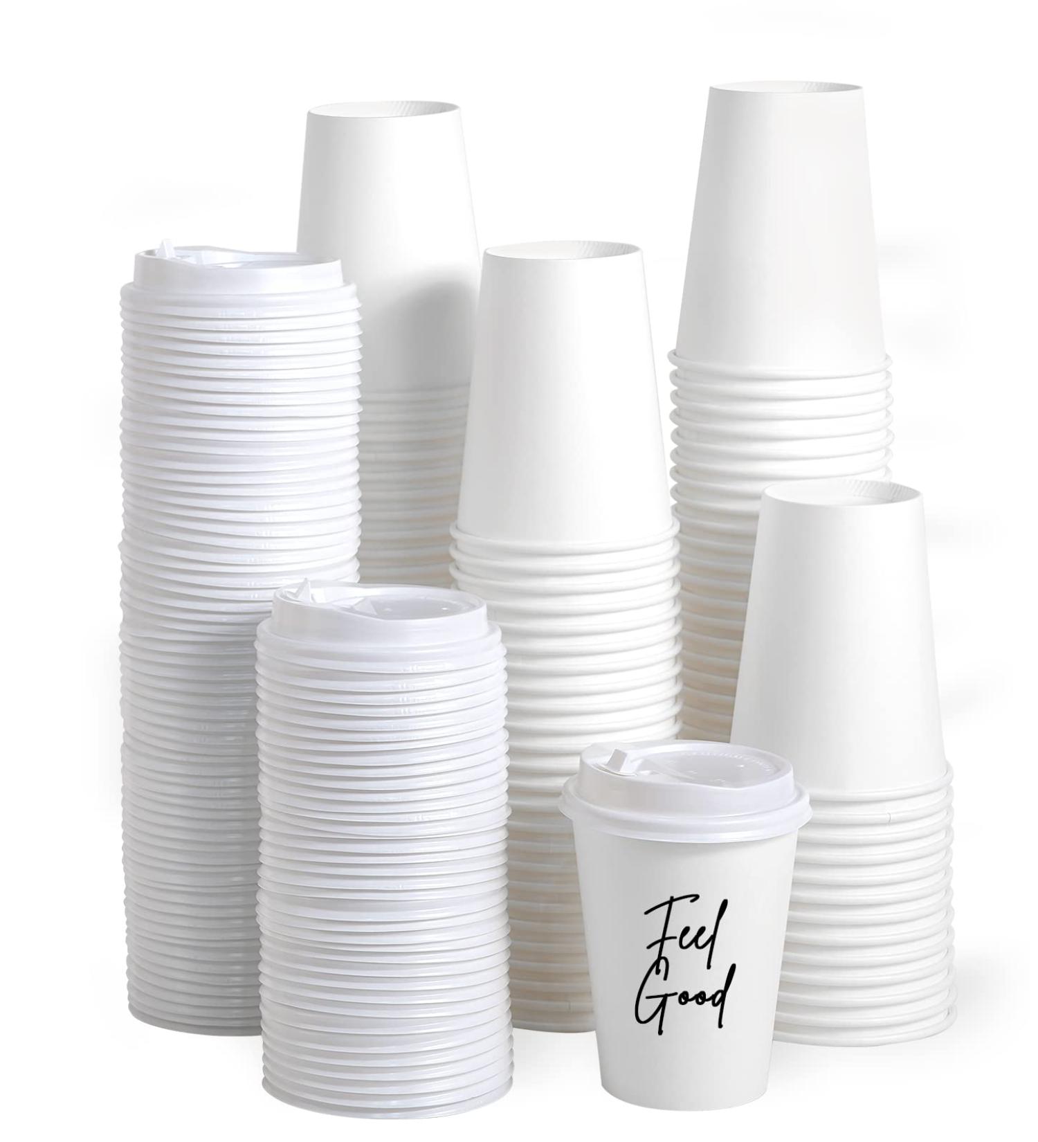 JOLLY PARTY 100 Pack 12 oz Disposable Paper Coffee Cups with Lids - Hot/Cold Beverage Drinking Cup for Water, Juice, Coffee or Tea - Ideal for Home, Shops, and Cafes - 12oz White - Buy Online on GoSupps.com
