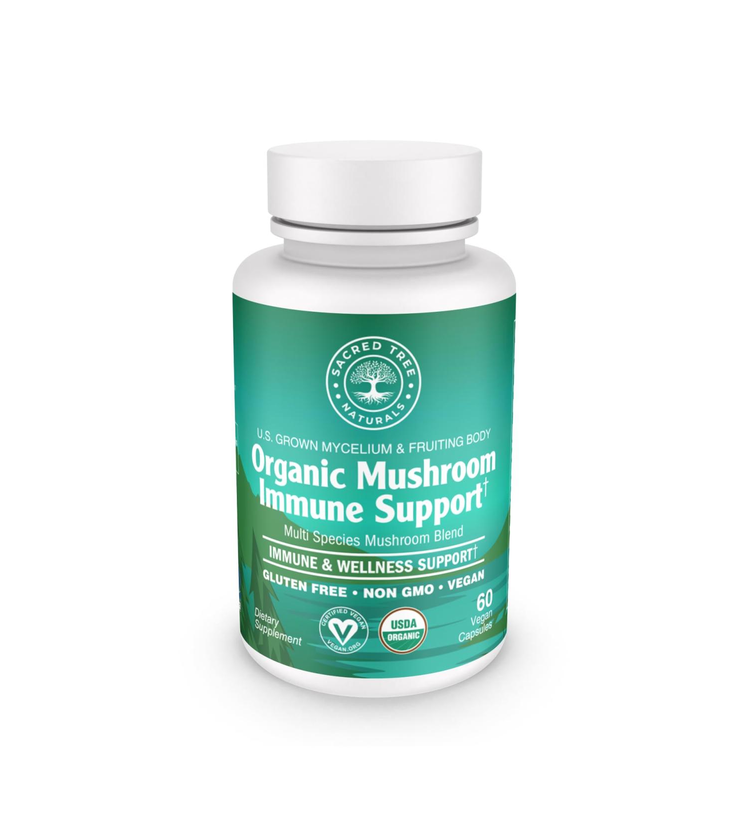 Sacred Tree Naturals Organic Mushroom Immune Support Capsules 9 Mushroom Blend for Immune Health & Wellness with Reishi Lion's Mane Cordyceps & More - 100% Pure Non-GMO Vegan - Buy Online on GoSupps.com