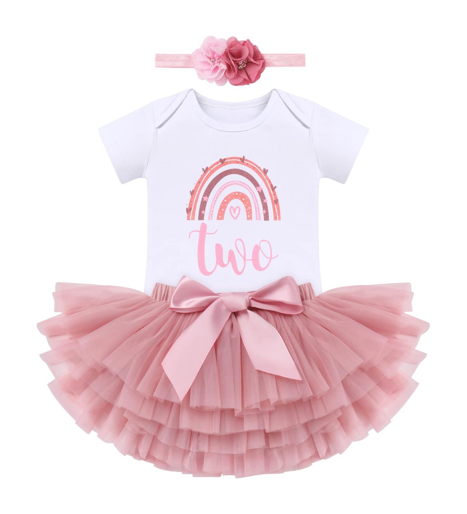 FYMNSI Boho Rainbow 1st Birthday Outfit Baby Girl Cake Smash Photo Romper Tutu Set 2 Years Dusty Pink - Buy Online on GoSupps.com