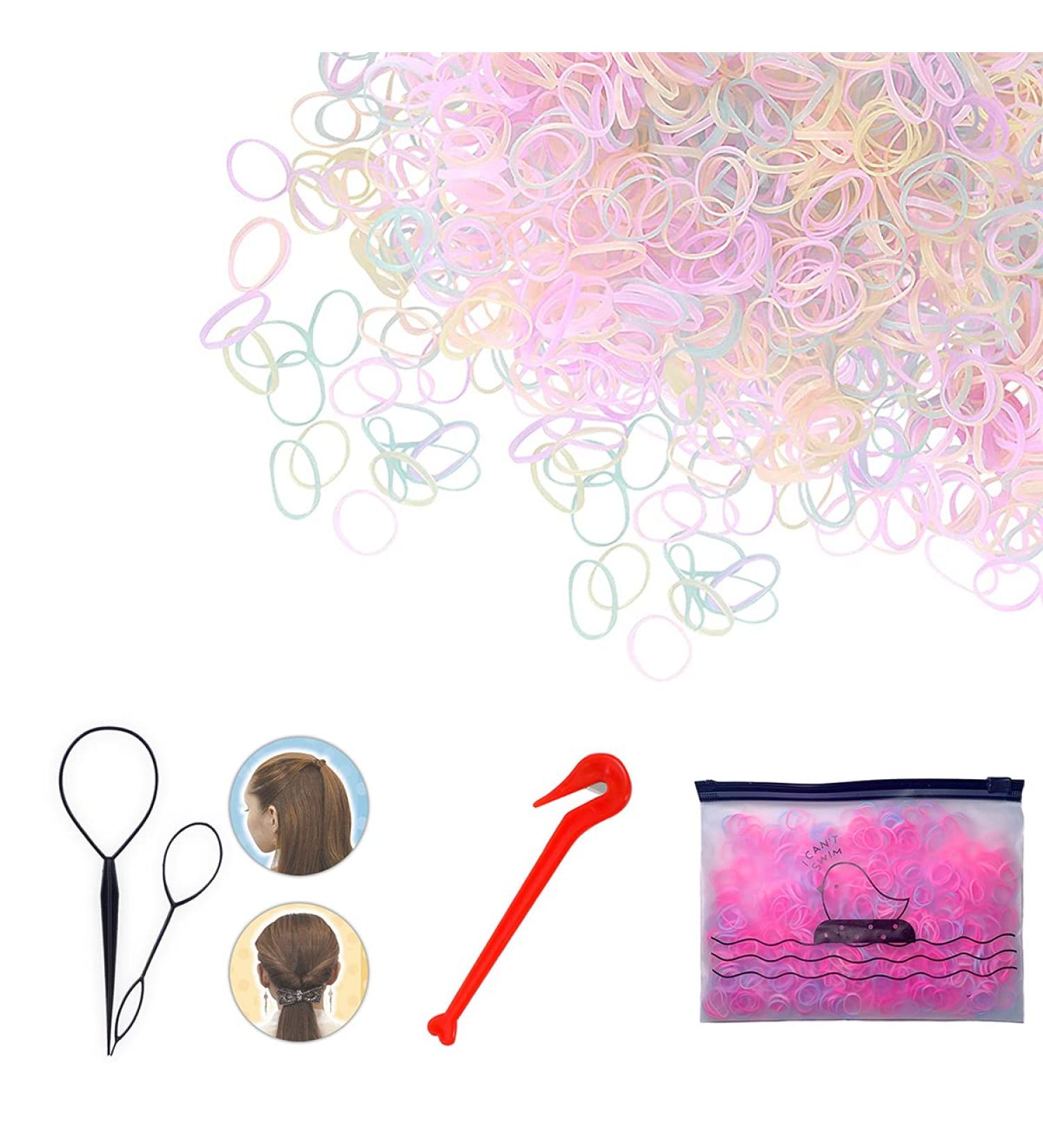 1500PCS Small Hair Ties Mini Plastic Elastics Rubber Bands No Damage & 3 Hair Styling Tools Ponytail Holders Remover Comb Bun Maker French Braid Accessories for Women Toddlers Girls Kids Colorful Pink - Buy Online on GoSupps.com