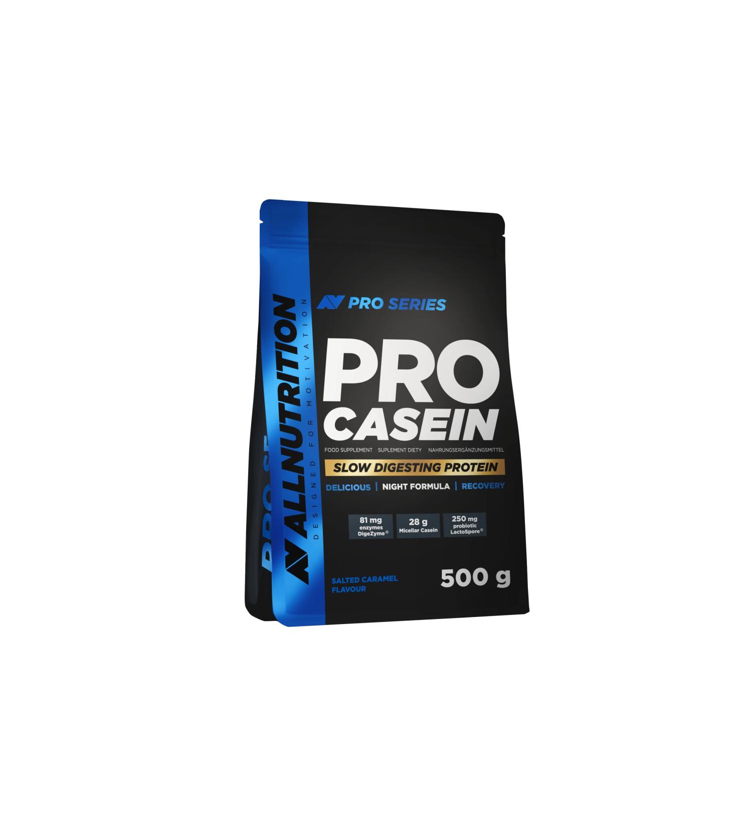 All -Nutrition pro casein nutritional product based on micellar casein Support of digestion and intestinal health packaging 500g taste salted caramel