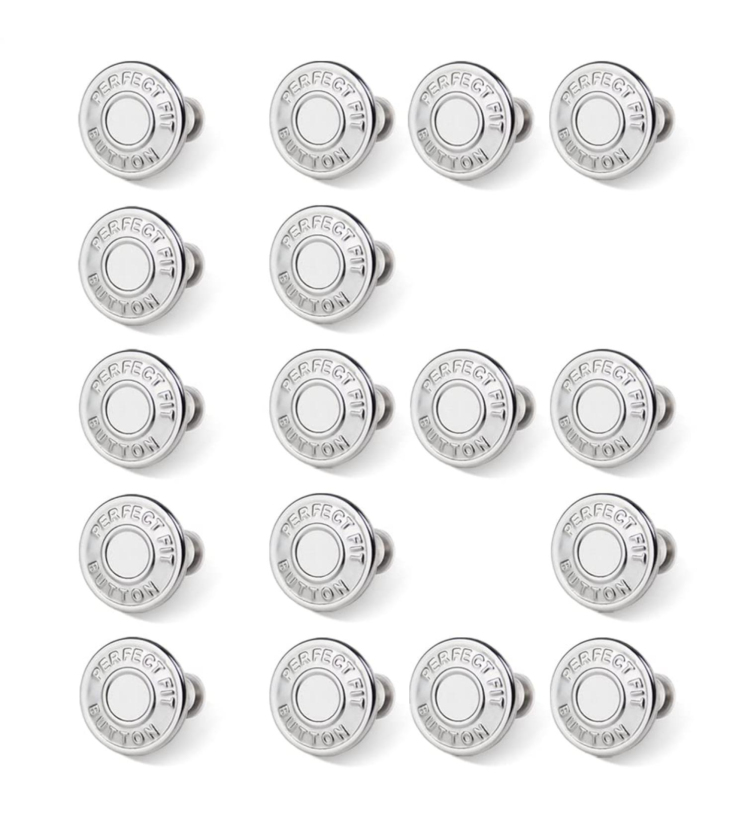 16-Piece Jean Buttons Set for Loose Jeans | No Sew, No Tools Needed | Instant Snap Tack Replacement | Reusable & Adjustable Metal Pants Button | Silver - Buy Online on GoSupps.com