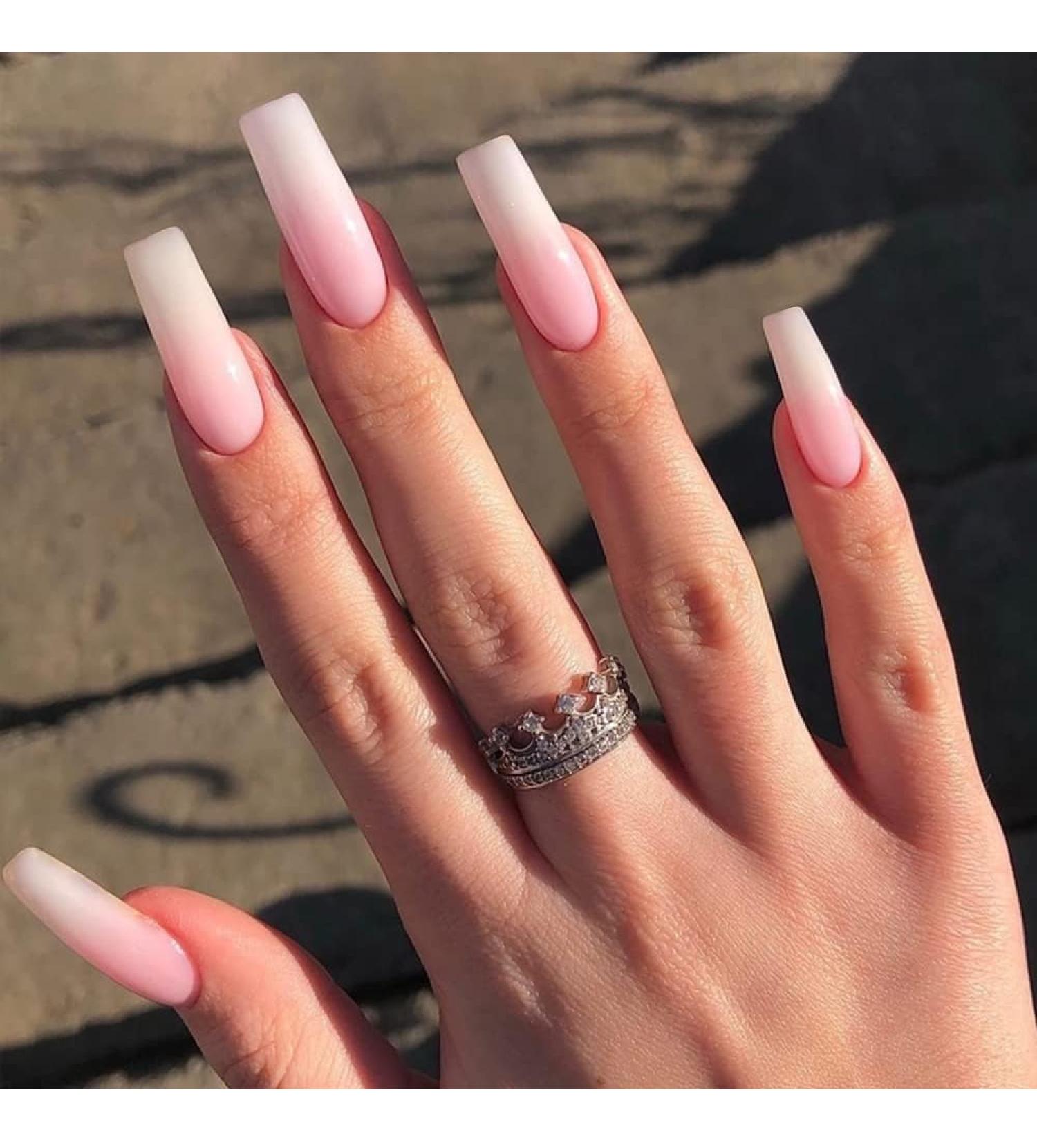 Shop Extra Long Coffin Nails - Kxamelie Ombre Pink Gel Full Covers for Women & Girls | Elegant Daily Work Mani - Buy Online on GoSupps.com