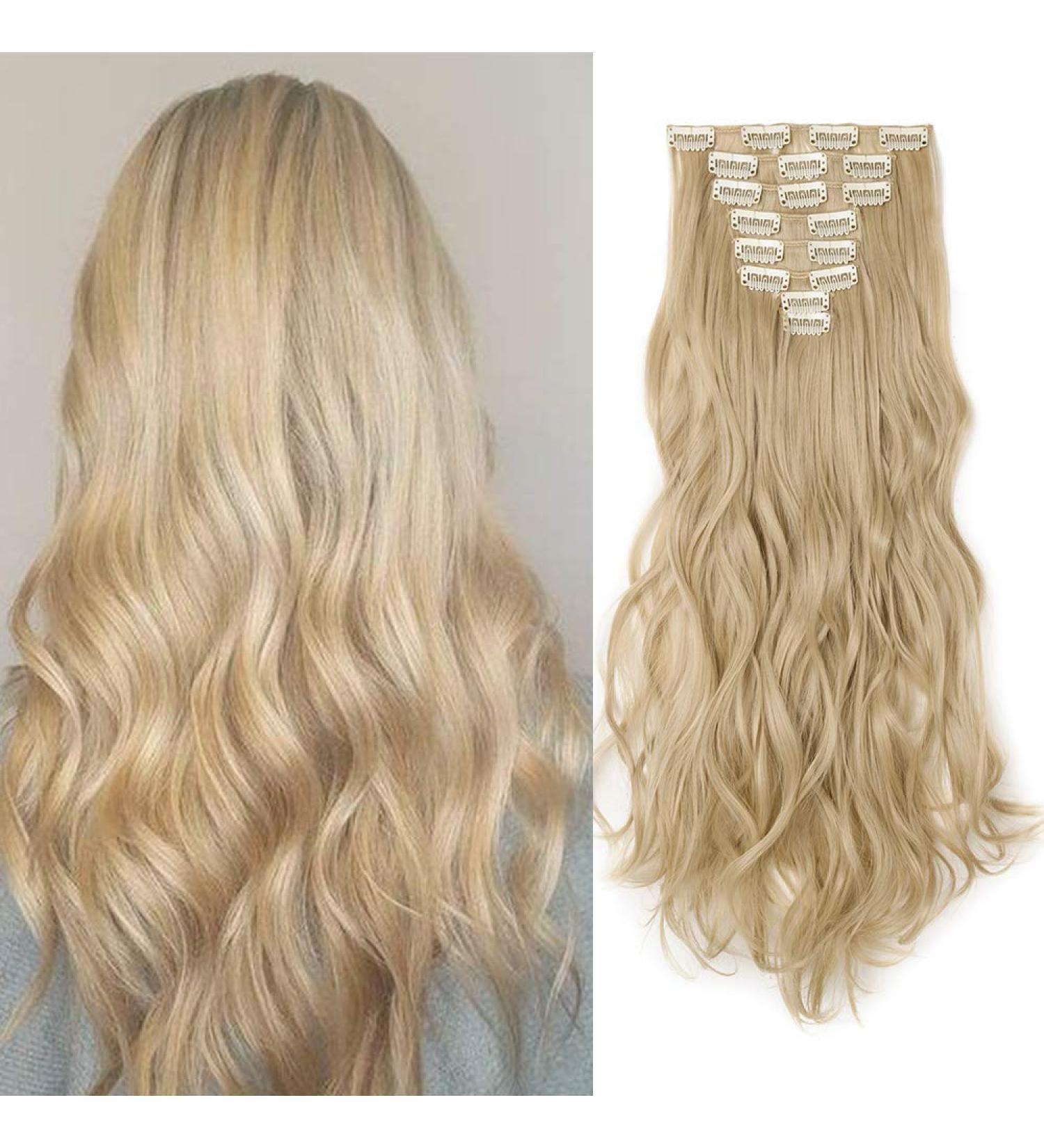 Slik-co Long Curly Wavy Clip-In Hair Extensions - 8 Pcs Full Head, Synthetic Heat Resistant, 17 inch Golden&Bleach Blond - Buy Online on GoSupps.com