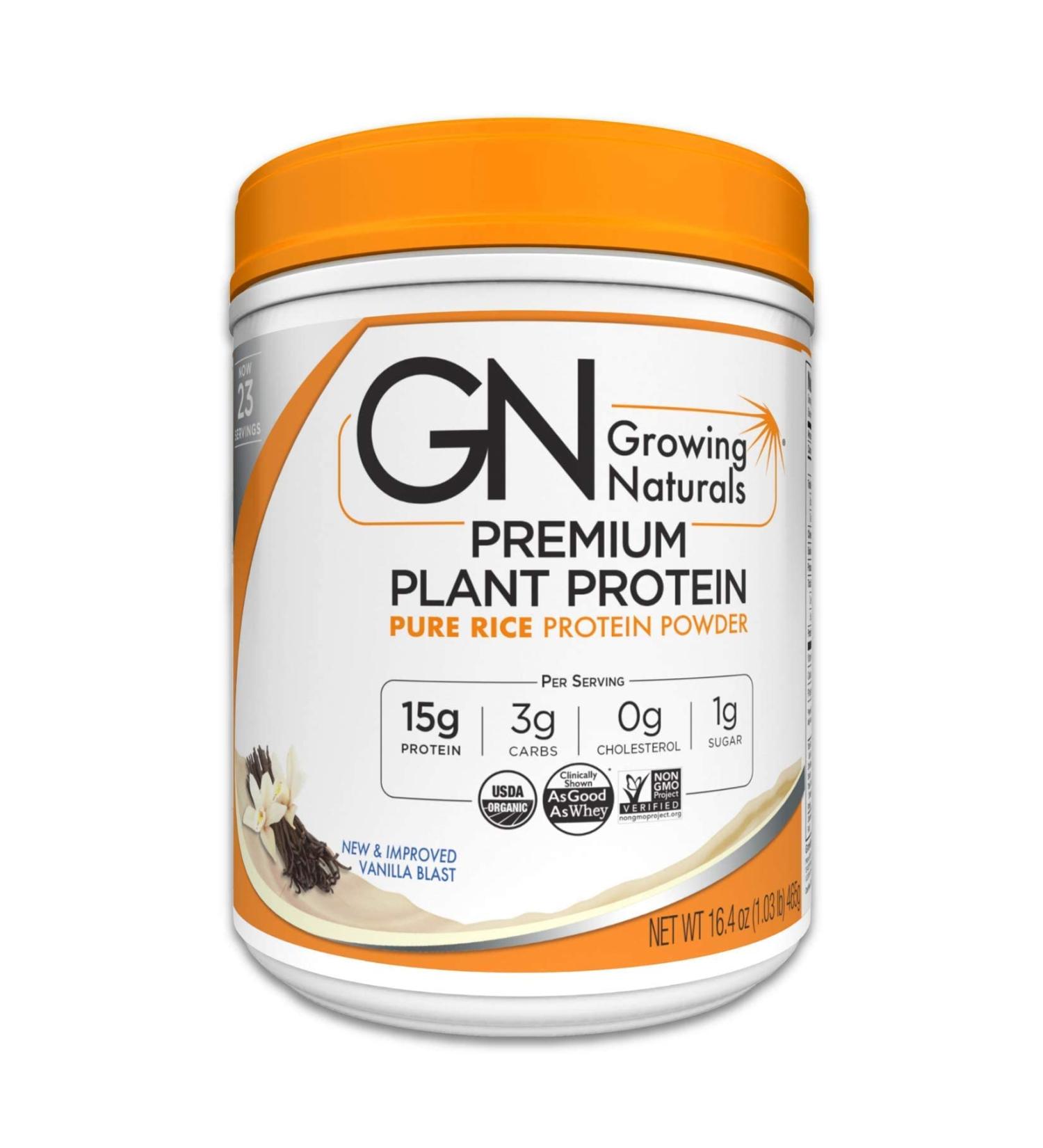 Growing Naturals Vanilla Rice Protein Powder | 15g Plant Protein | 2.8g BCAA | Low-Carb, Low-Sugar | Non-GMO, Vegan, Gluten-Free | Keto & Food Allergy Friendly | Vanilla Blast - 1lb - Buy Online on GoSupps.com