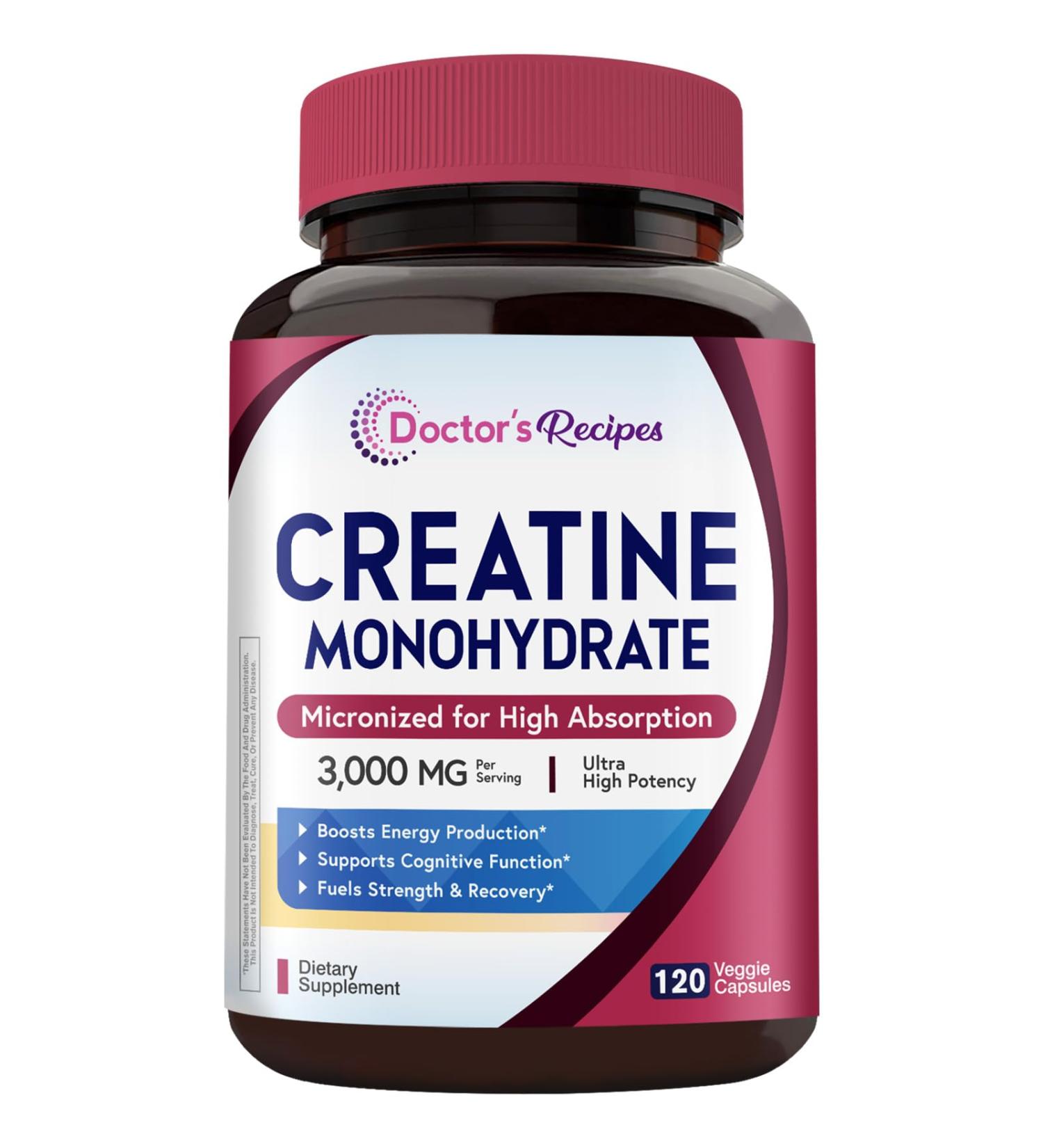 Doctor's Recipes Creatine Monohydrate 3000 mg Per Serving Micronized Creatine Capsules for Women & Men for Strength Energy Recovery High Absorption Vegan 120 Capsules - Buy Online on GoSupps.com