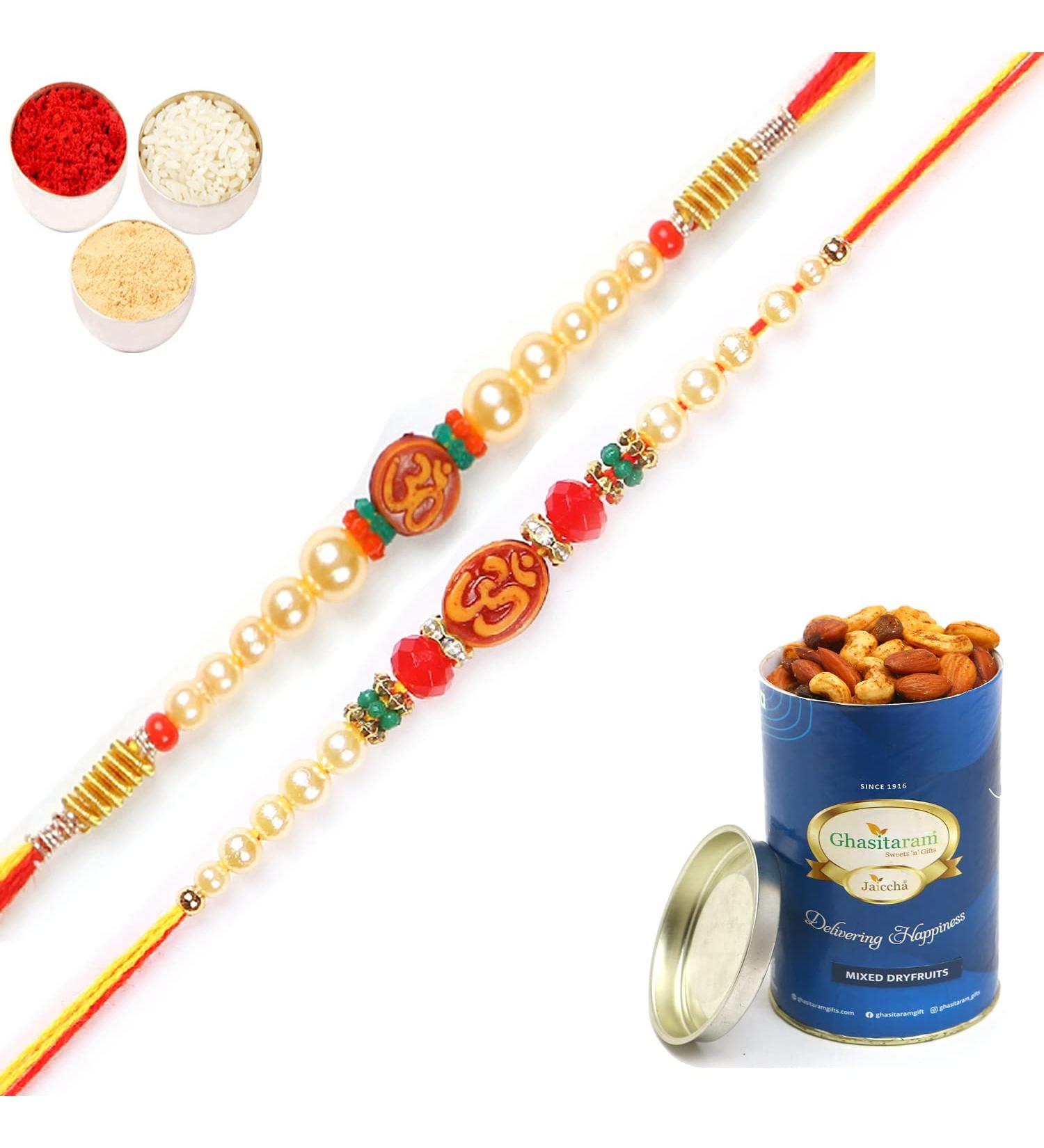 Ghasitaram Gifts Rakhi for Brother Rakhis Online - Set of 2 6135 6276 Om Pearl Rakhi Threads with 100 GMS of Dryfruits Mix Can - Buy Online on GoSupps.com