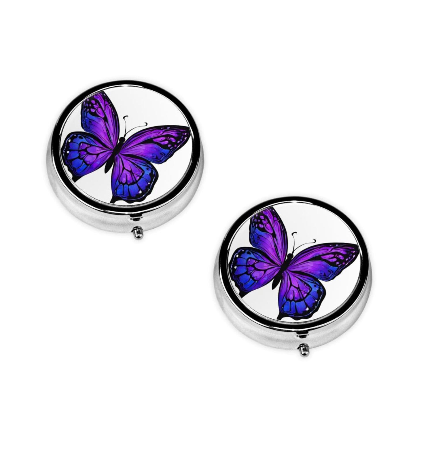 Purple Butterfly Printed Round Pill Box - 3 Compartment Portable Organizer for Travel | Mini Decorative Pocket Pill Case - Buy Online on GoSupps.com