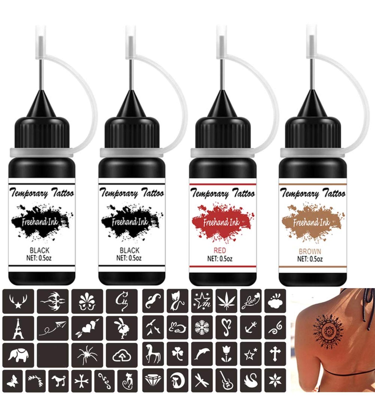 TOFD Temporary Tattoo Kit - Semi Permanent Freehand Ink for Body Art - 30 Pcs Free Tattoo Stencils - Full DIY Kit with 4 Bottles 2oz - Buy Online on GoSupps.com