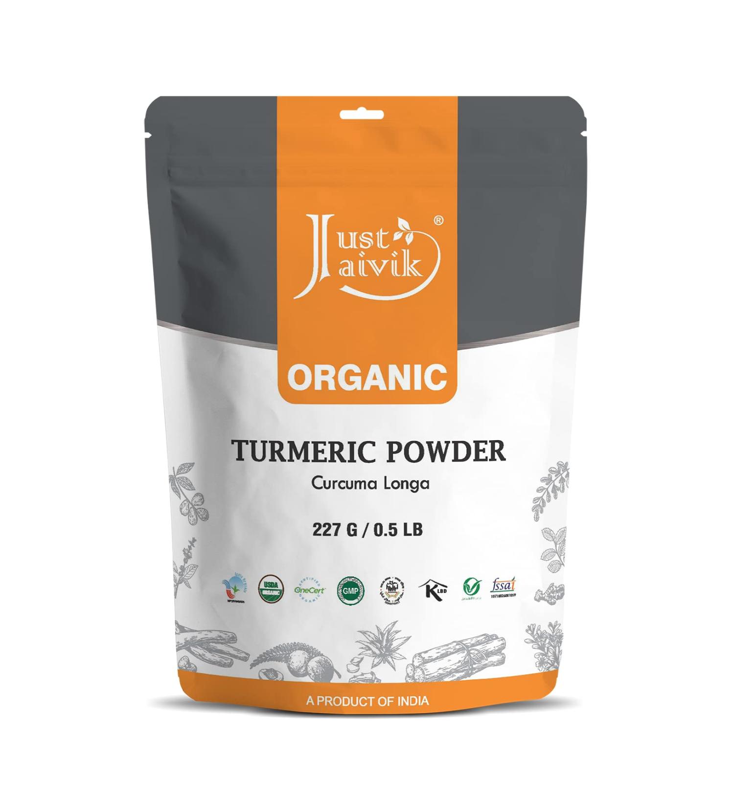Just Jaivik USDA Organic Turmeric Powder - 227g / 1/2 lb / 8 oz - Certified Organic by OneCert Asia - Pure Curcuma Longa Spice - Buy Online on GoSupps.com