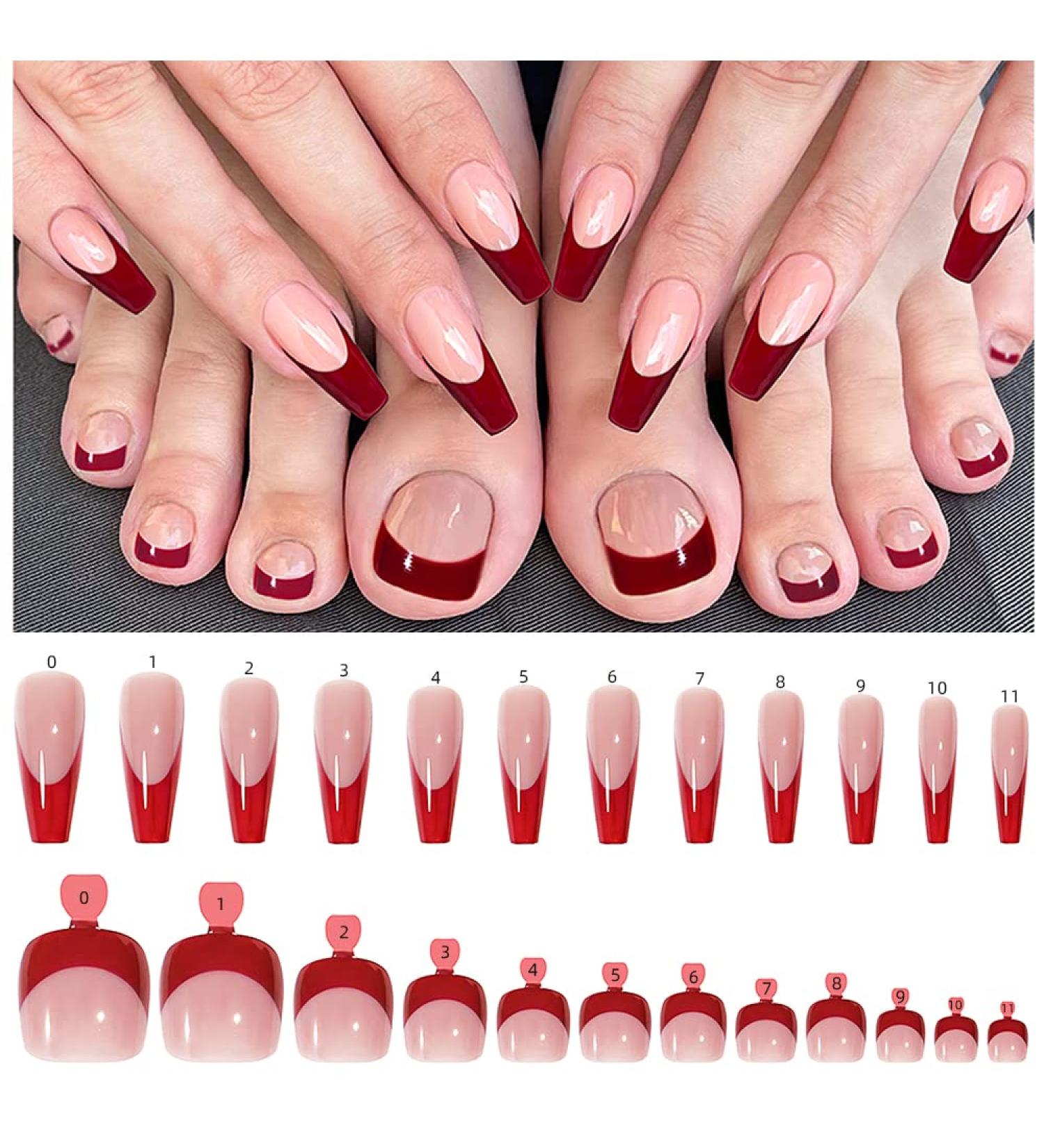 48 Pcs French Tip Square Press on Nails & Toenails Set - White Pink Medium Coffin Glossy False Nails for Women & Girls with Adhesive Glue & Nail File - Buy Online on GoSupps.com