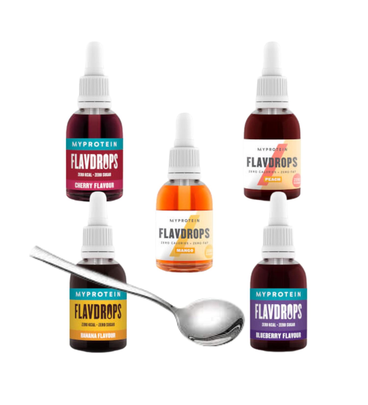 Flavour Drops Bundle with Flavdrops and Spoon Set - Cherry Blueberry Strawberry Peach and Mango 50ml Each - Pack of 5 - Zero Calories - Buy Online on GoSupps.com