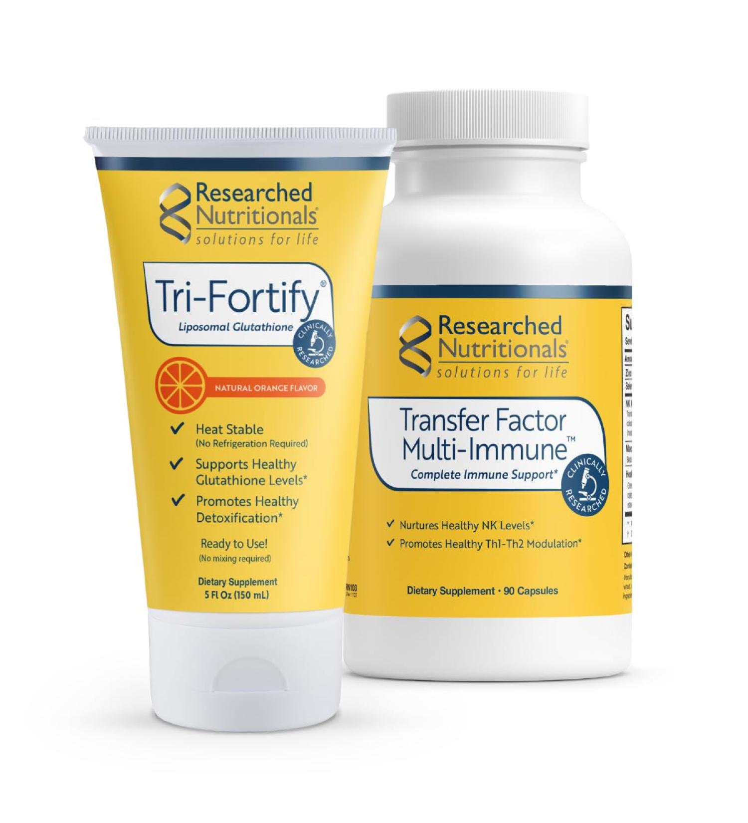 Researched Nutritionals Liposomal Glutathione (450mg) + Colostrum & Mushrooms Supplement for Immune Support - Enhanced Immunity Duo - Tri-Fortify Orange + Transfer Factor Multi-Immune (2 Piece Set) - Buy Online on GoSupps.com