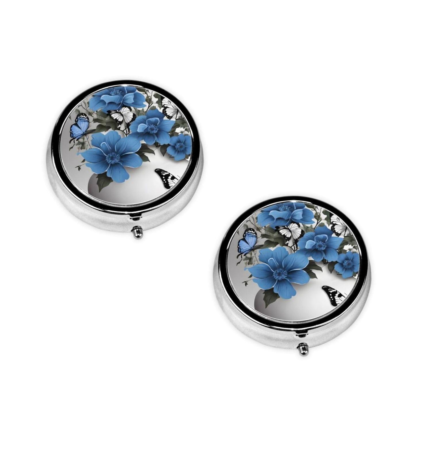Shop Gray Teal Flower Butterfly Round Pill Box | 3 Compartment Portable Travel Medicine Organizer - Buy Online on GoSupps.com