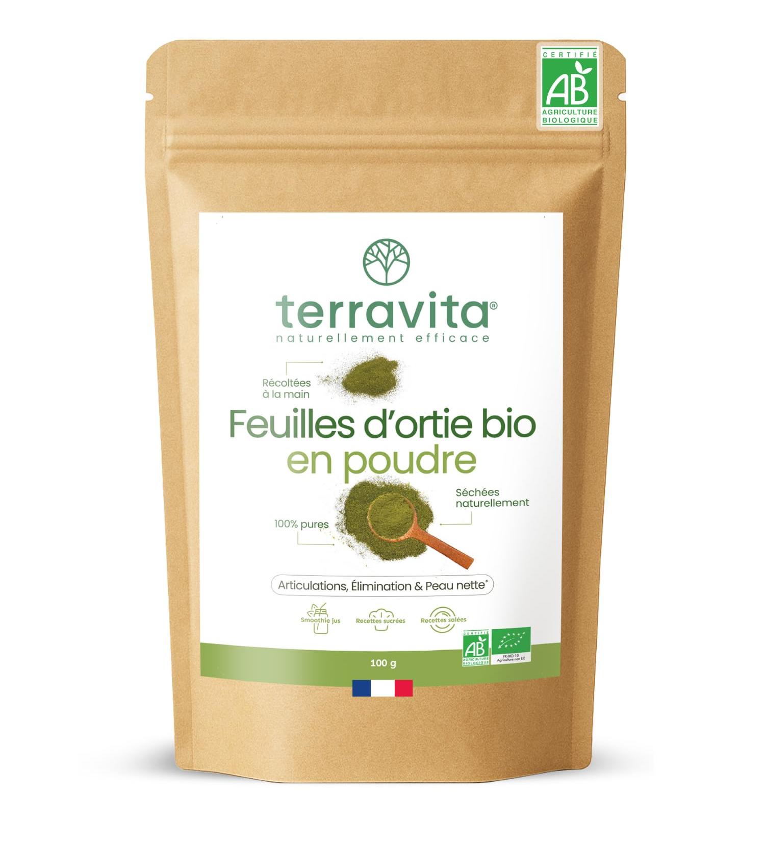 Feuilles d Ortie Bio en Poudre | Circulation D tox Vitalit et Bien- tre Articulaire | Riches en Silicium pour Cheveux et Ongles | 100% Pures et S ch es Lentement | 100g | Made in France | Terravita - Buy Online on GoSupps.com