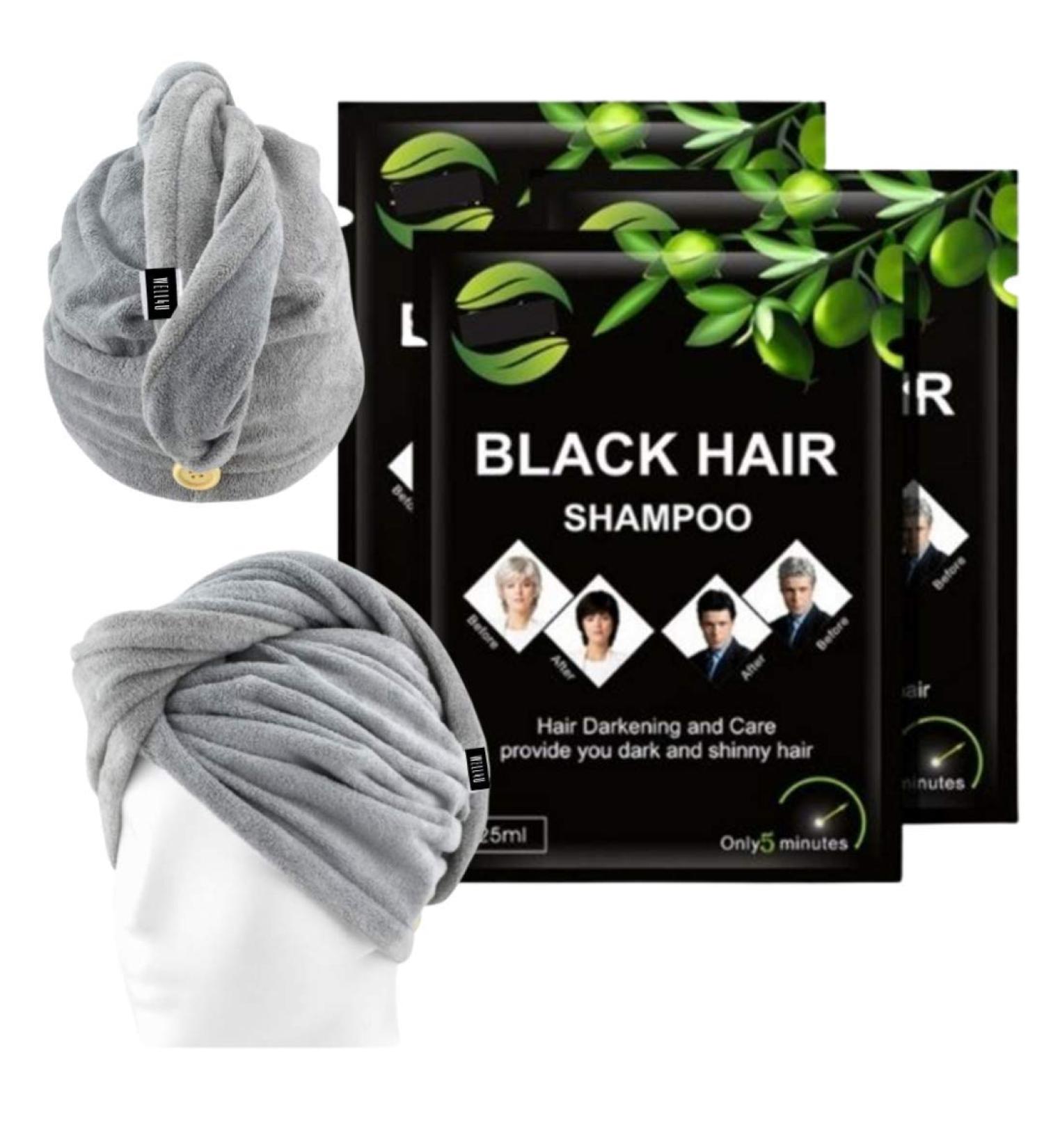 WELL4U Black Hair Shampoo + meaningful MF hair shampoo towel with button for quick drying in a set shampoo against gray hair black hair shampoo for gray coverage - Buy Online on GoSupps.com