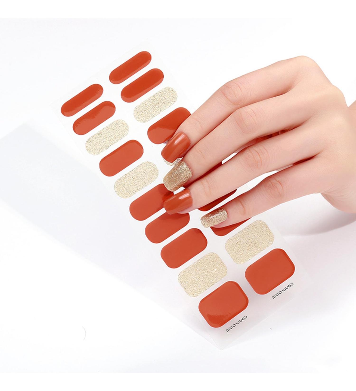 Semi Cured Gel Nails Strips - 20cps Stickers Nail Wraps Soft Self - Full Wraps Nail Polish Stickers French Style Orange Glitter Mix Color Glitter Orange - Buy Online on GoSupps.com