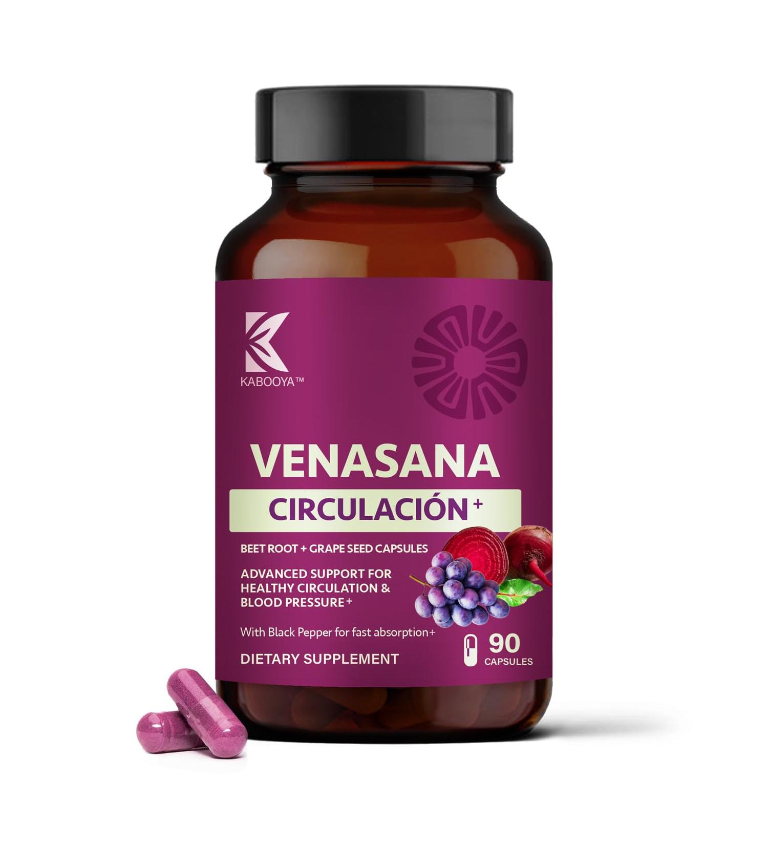 Kabooya Venasana Circulacion Beet Root Capsules Dual Action Support for Healthy Circulation & Blood Pressure | 1 000mg Non-GMO Beetroot with Grape Seed Extract 60 Capsules (30 Servings) - Buy Online on GoSupps.com