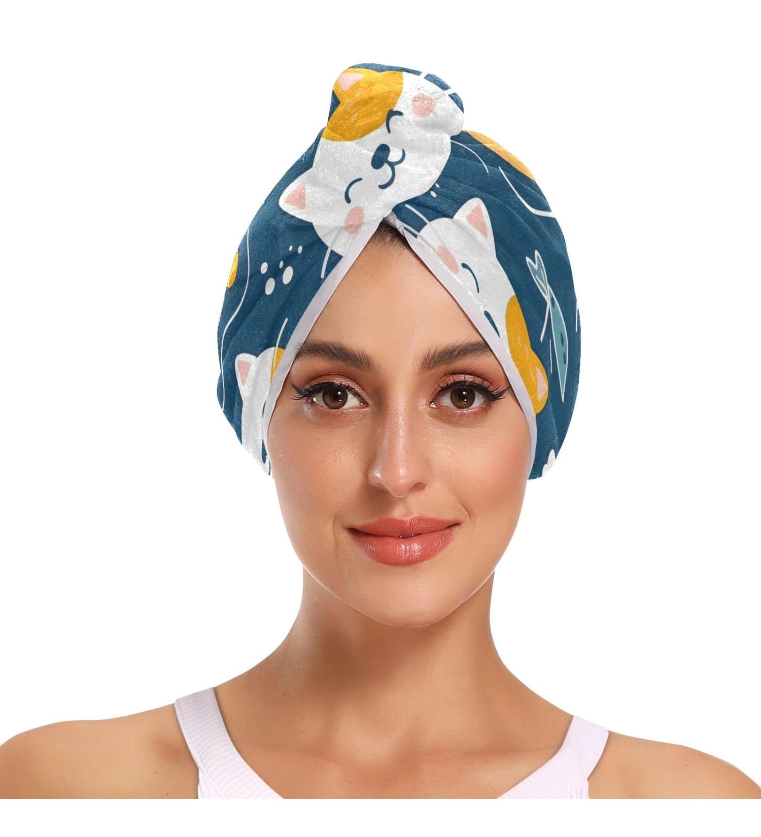 Cute Cat Fish Hair Towel 2 Pack - Super Absorbent Quick Dry Hair Turbans for Women & Girls - Buy Online on GoSupps.com