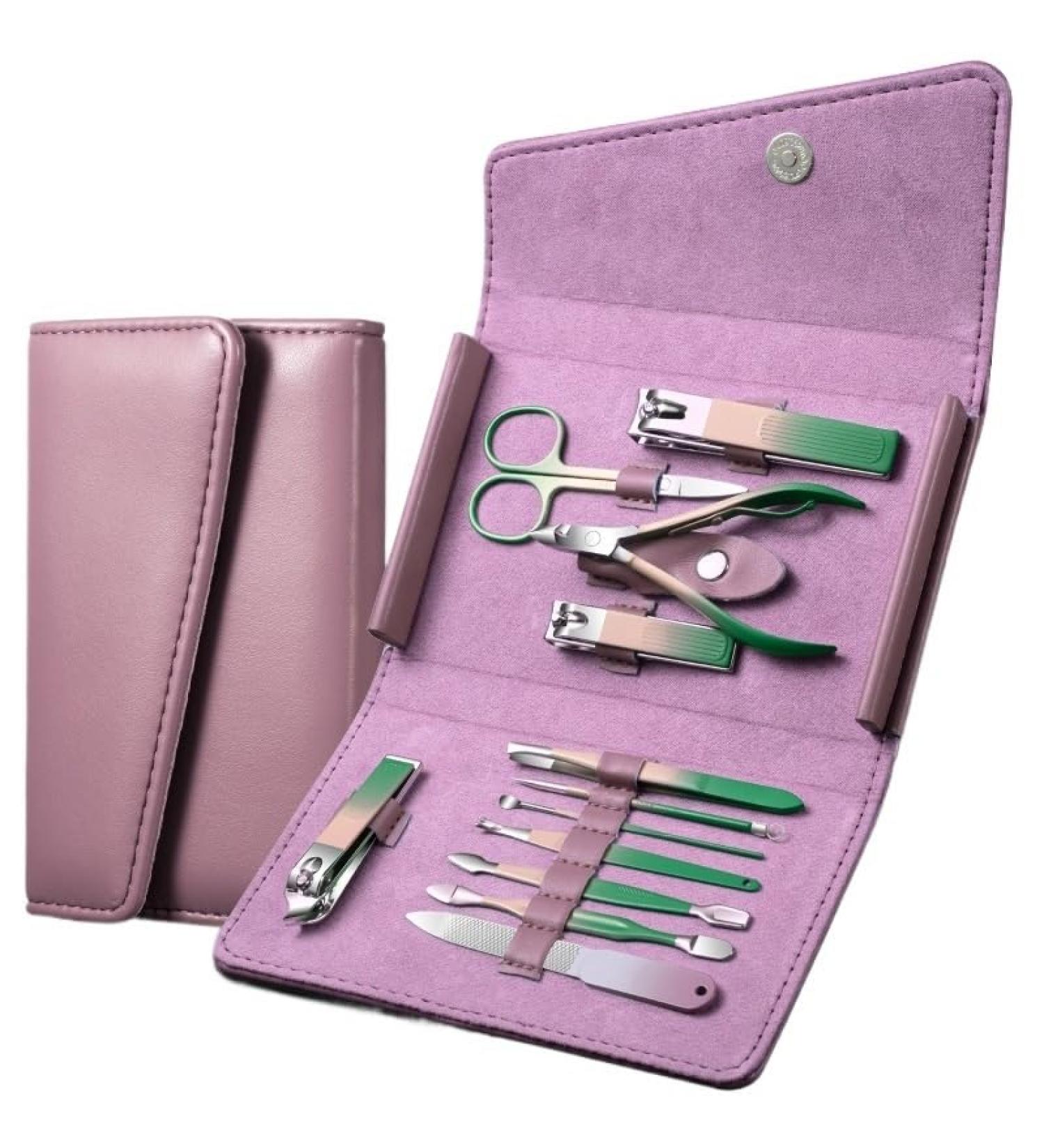 Nail Clipper Set Complete Gradient Nail Clipper 12-Piece Manicure Set Box Portable Personal Care Tools (Color : Purple)
