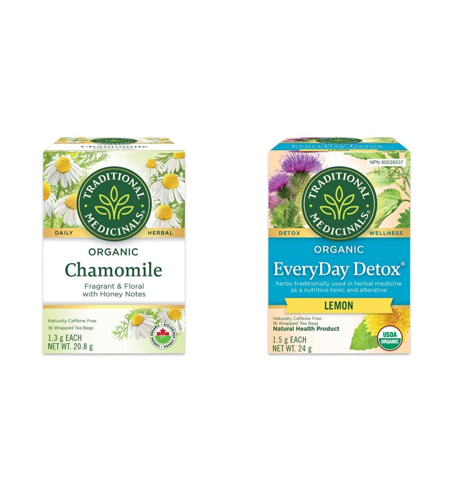 Traditional Medicinals Organic Chamomile Herbal Tea 16 Count & Organic Everyday Detox Lemon Herbal Tea - with Stinging Nettle & Burdock Root to Remove Accumulated Waste from The Body - 16 Tea Bags - Buy Online on GoSupps.com