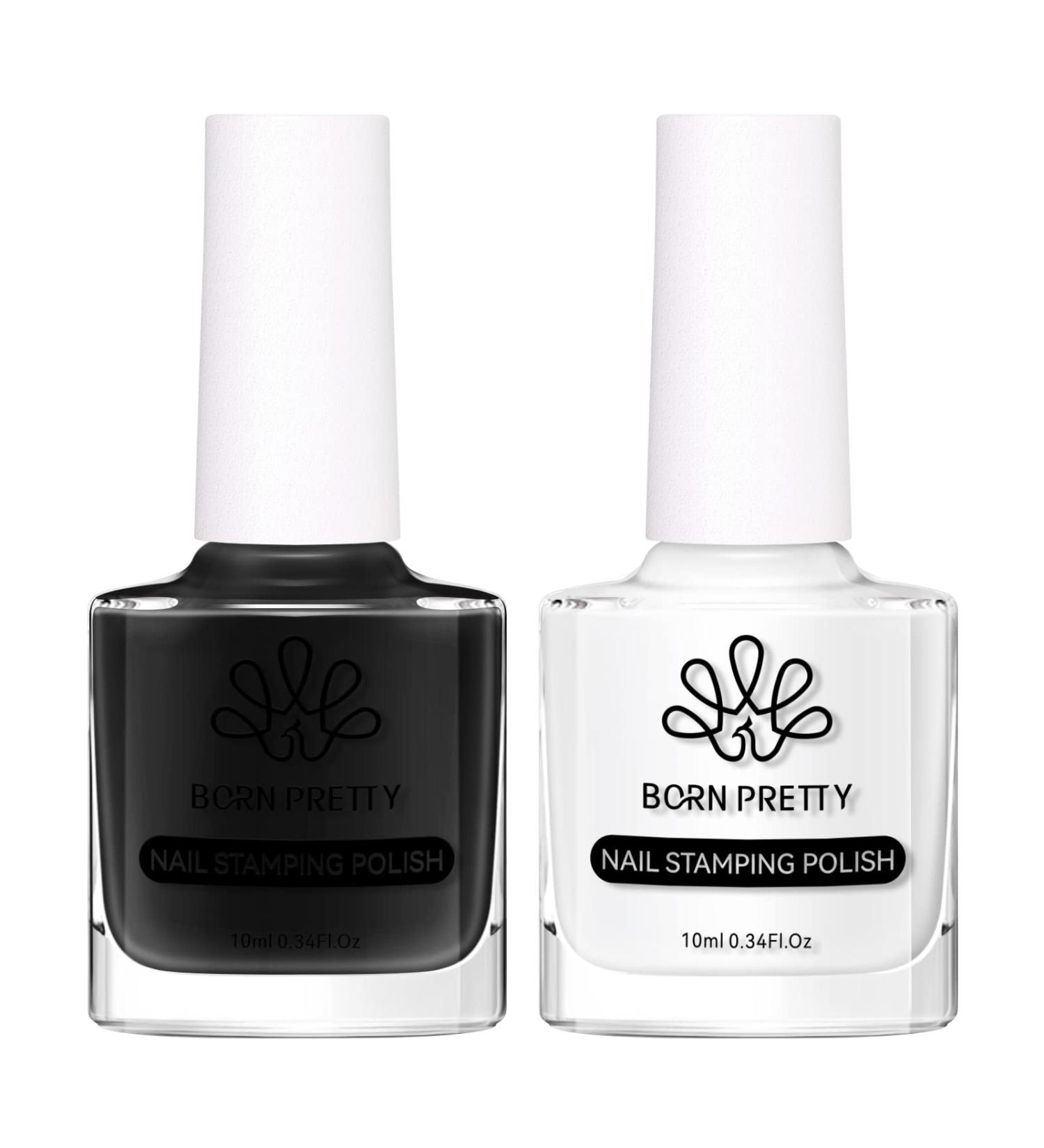 BORN PRETTY Nail Art Stamping Polish White Black Manicure Image Stamp Polish Set Print Polish Varnish 2 Bottles Black White Stamping Polish