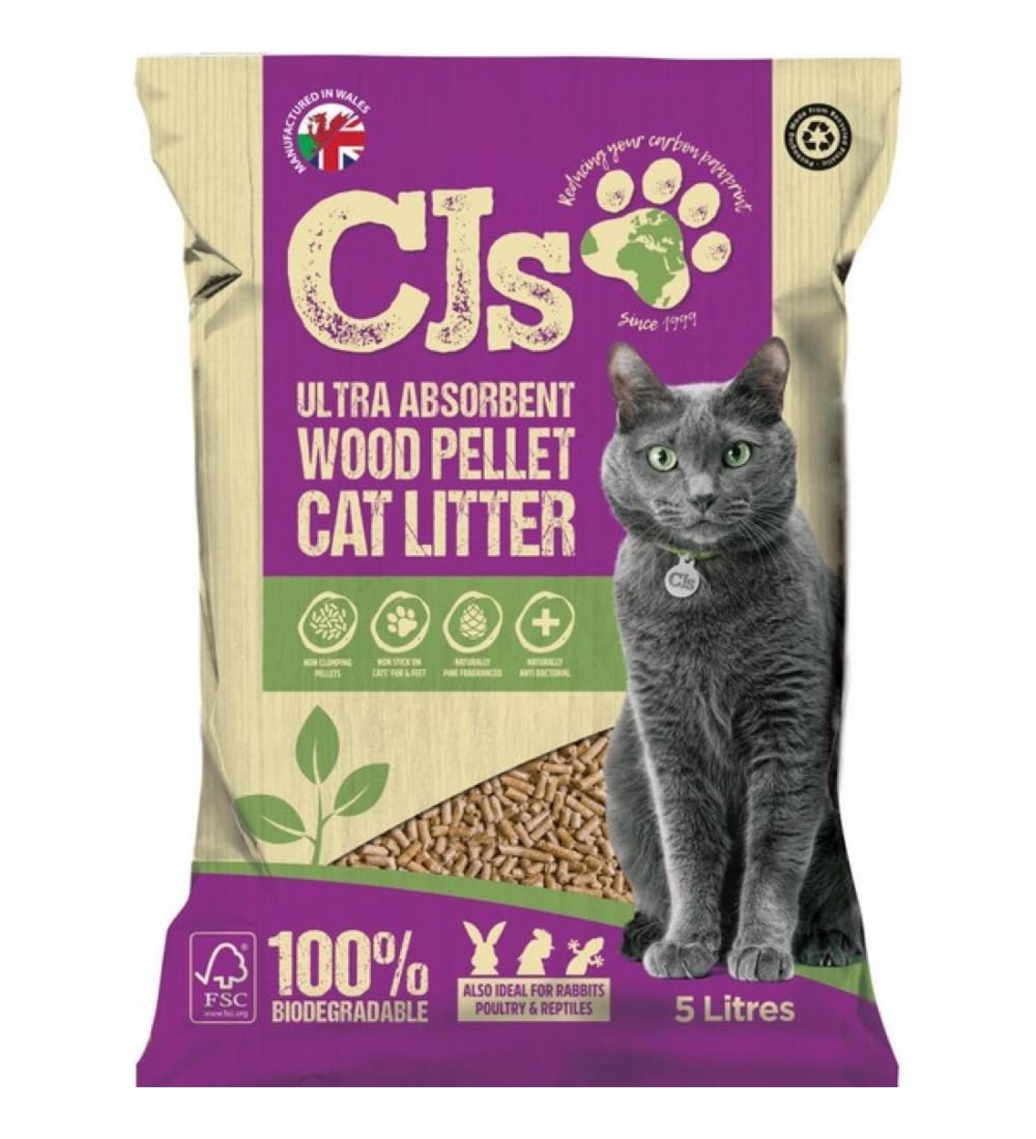Cj's Premuim Cat Litter Ultra Absorbent Wood Pellets Non Clumping Biodegradable Natural Litter for Cats Rabbits Poultry and Reptiles - 5L
