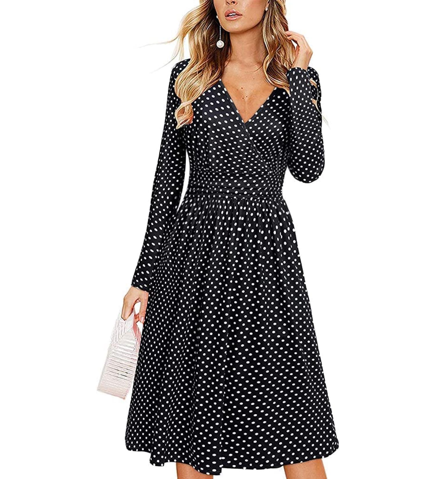 OUGES Women's Spring Casual Midi Dress | Long Sleeve V-Neck Floral Wrap Dress | Pockets | S Color01 - Buy Online on GoSupps.com